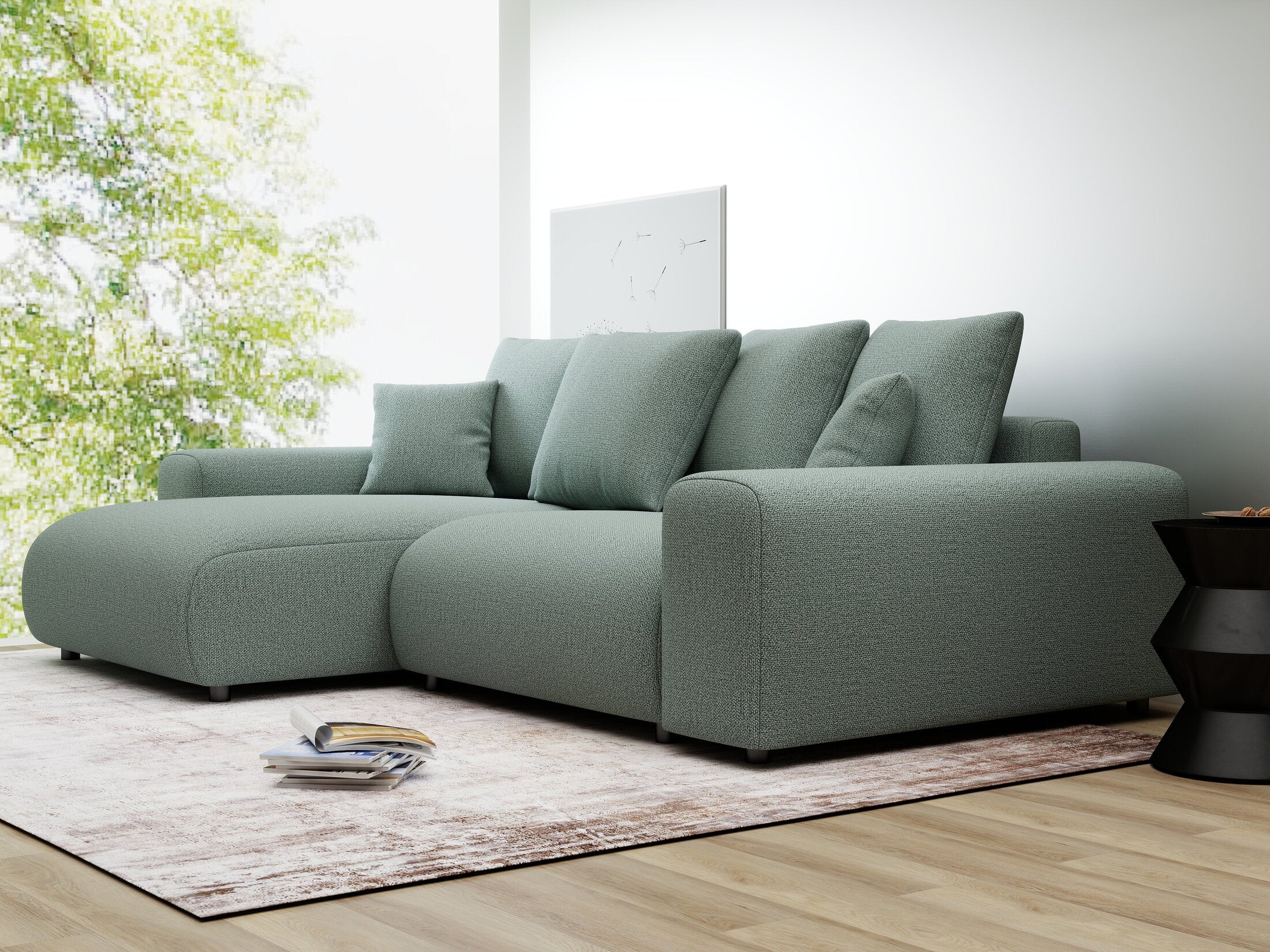 Colțar extensibil dumonde cu ladă de depozitare și șezut confortabil din spumă HR, Luma Enjoy Verde Mint 255x168 cm