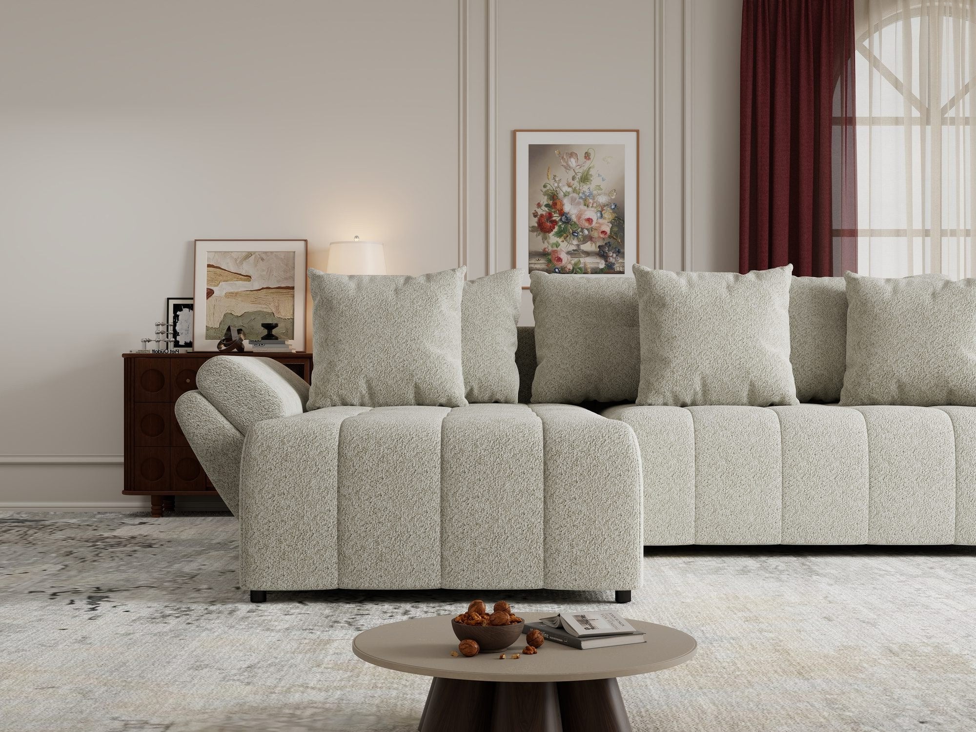 Colțar extensibil dumonde cu ladă de depozitare si sezut confortabil din spuma high-density, Berlin Arena Bej 20 280x185 cm