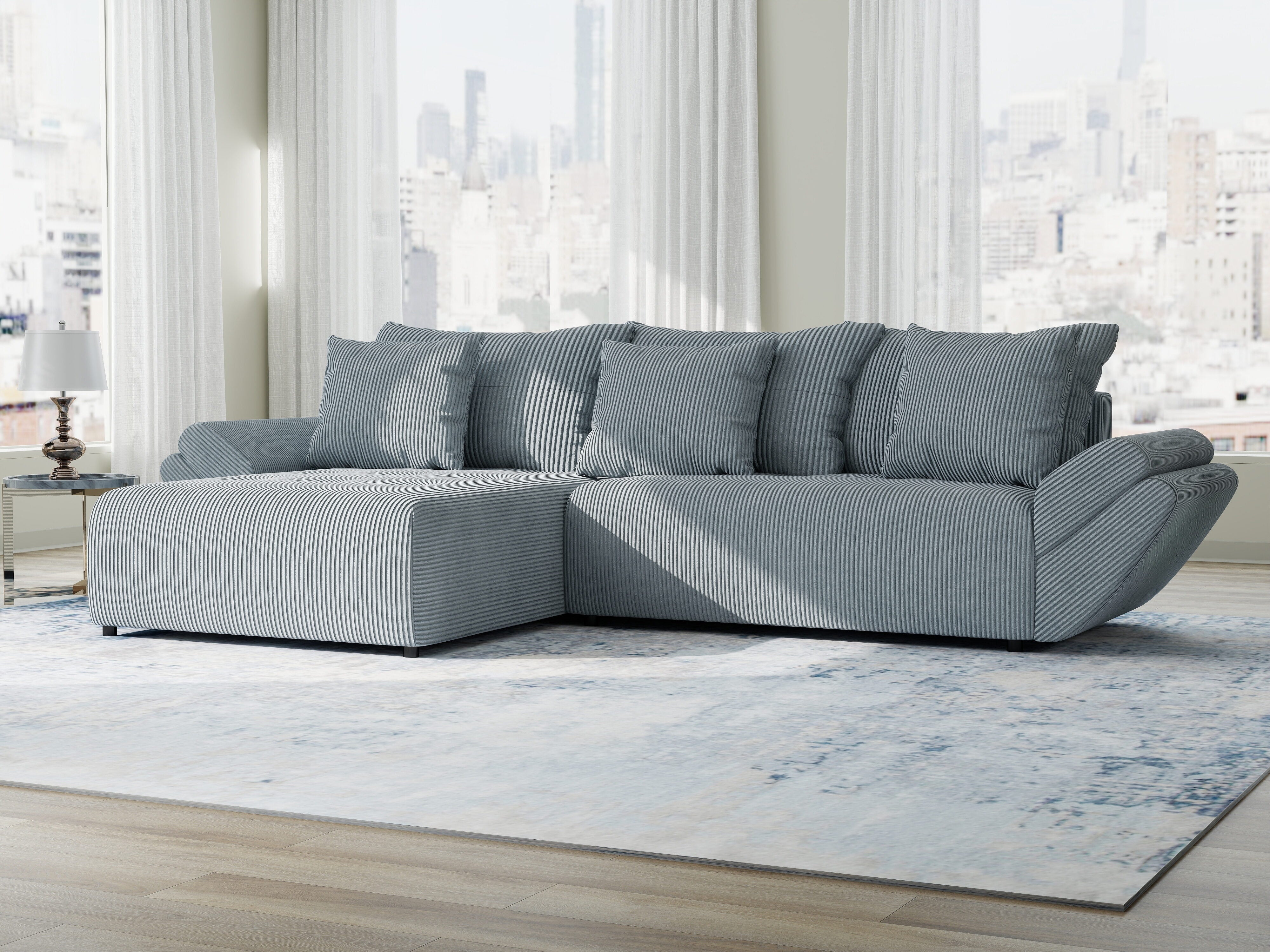 Colțar extensibil dumonde cu ladă de depozitare si sezut confortabil din spuma HR, Berlin Zoom Gri Mint 280x185 cm