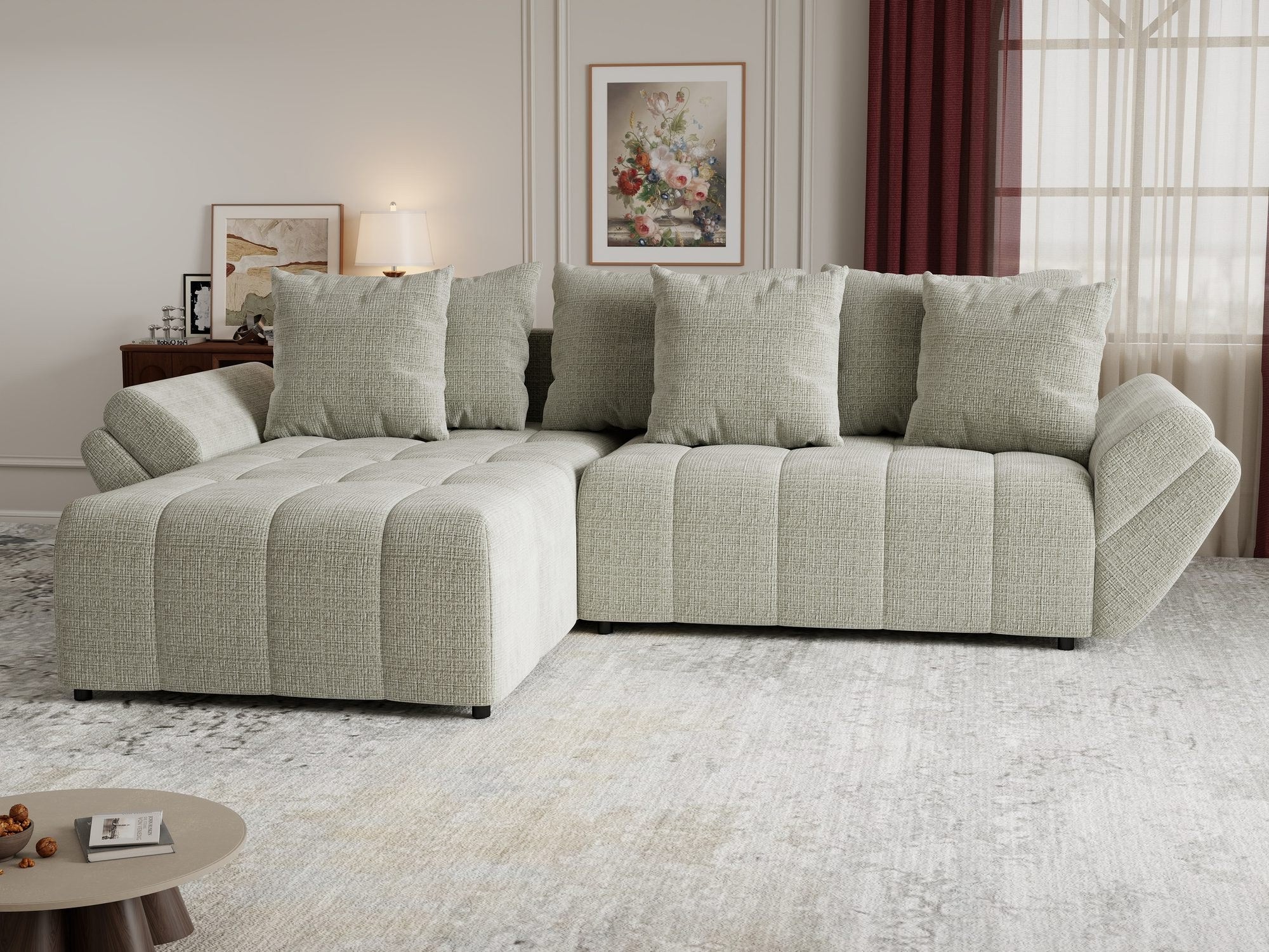 Colțar extensibil dumonde cu ladă de depozitare si sezut confortabil din spuma high-density, Berlin Cremona Bej 04 280x185 cm