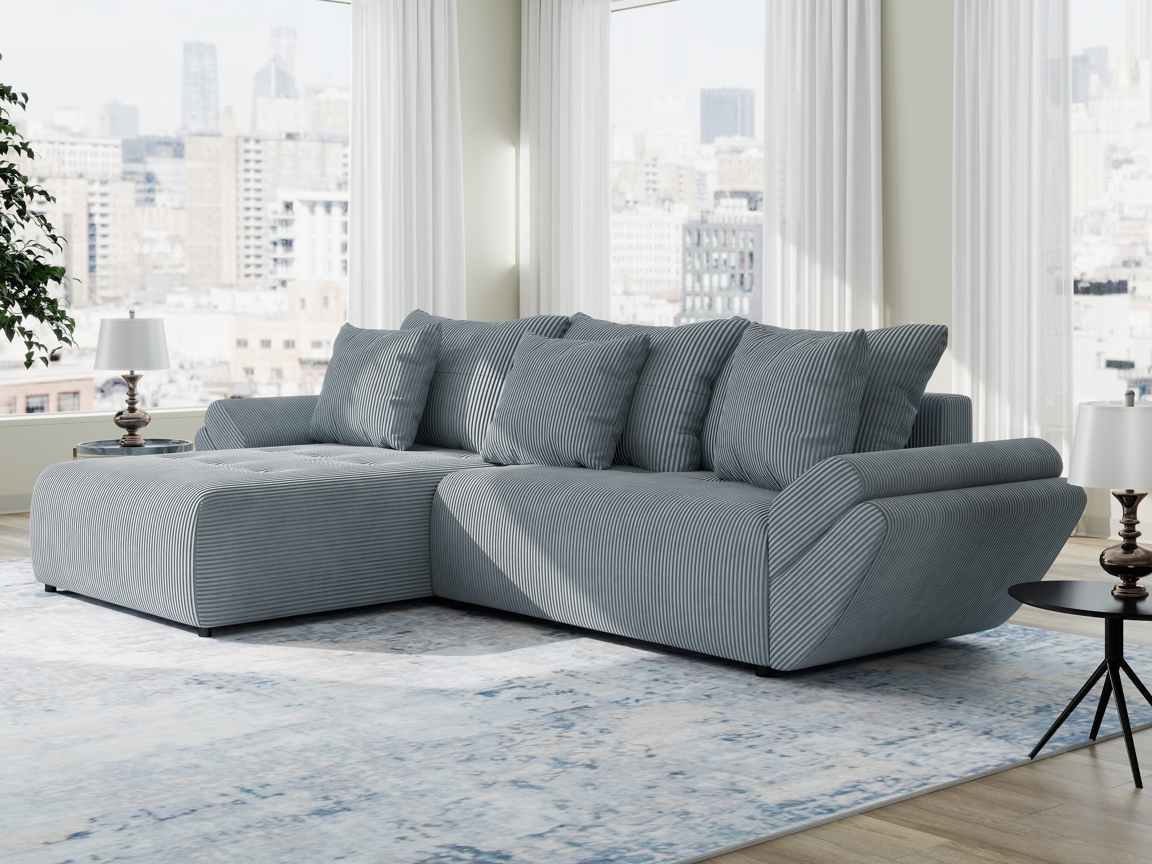 Colțar extensibil dumonde cu ladă de depozitare si sezut confortabil din spuma HR, Berlin Zoom Gri Mint 280x185 cm