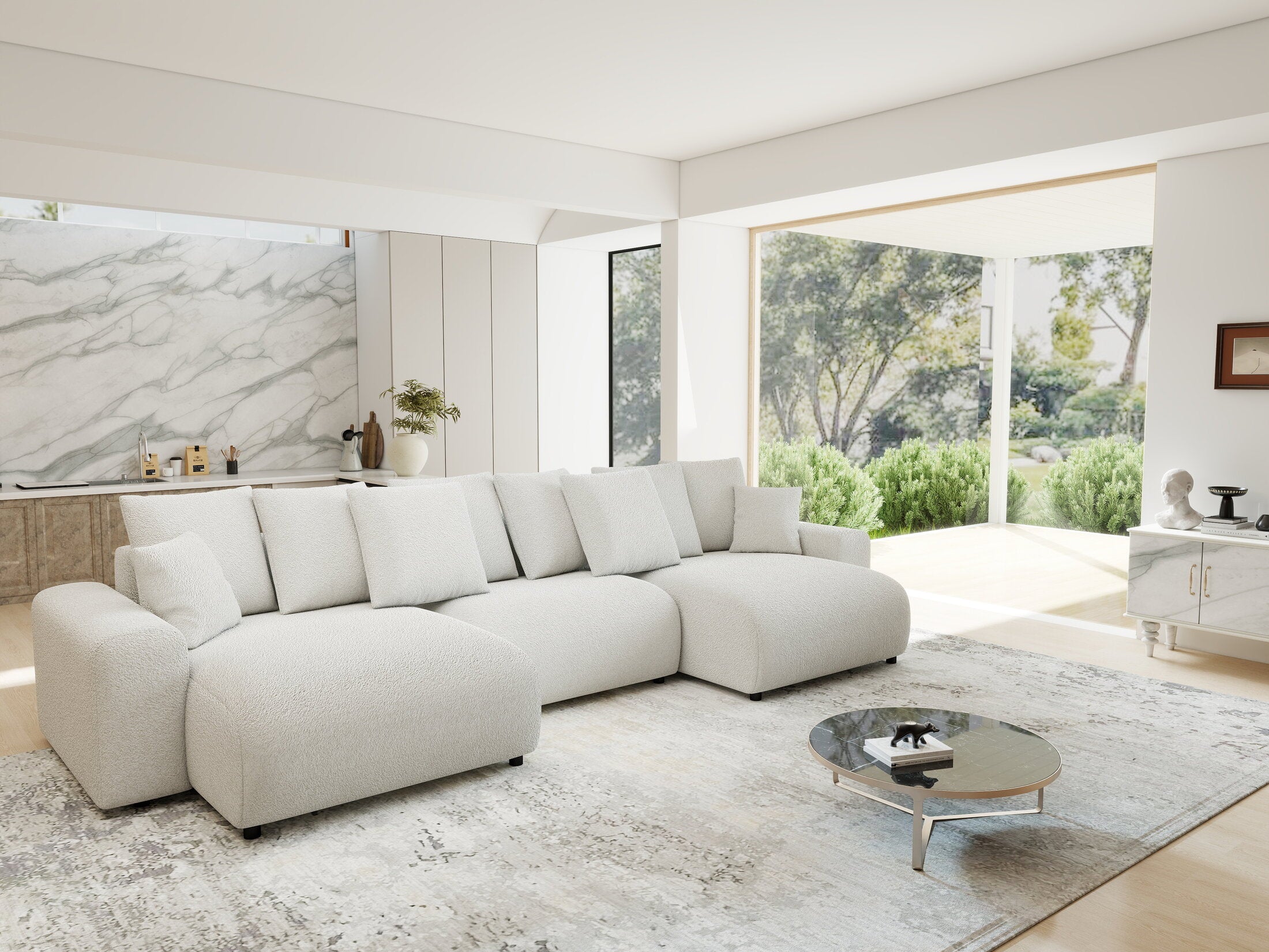 Colțar extensibil dumonde cu ladă de depozitare si sezut confortabil din spuma HR, Luma U Euphoria Alb 336x140 cm