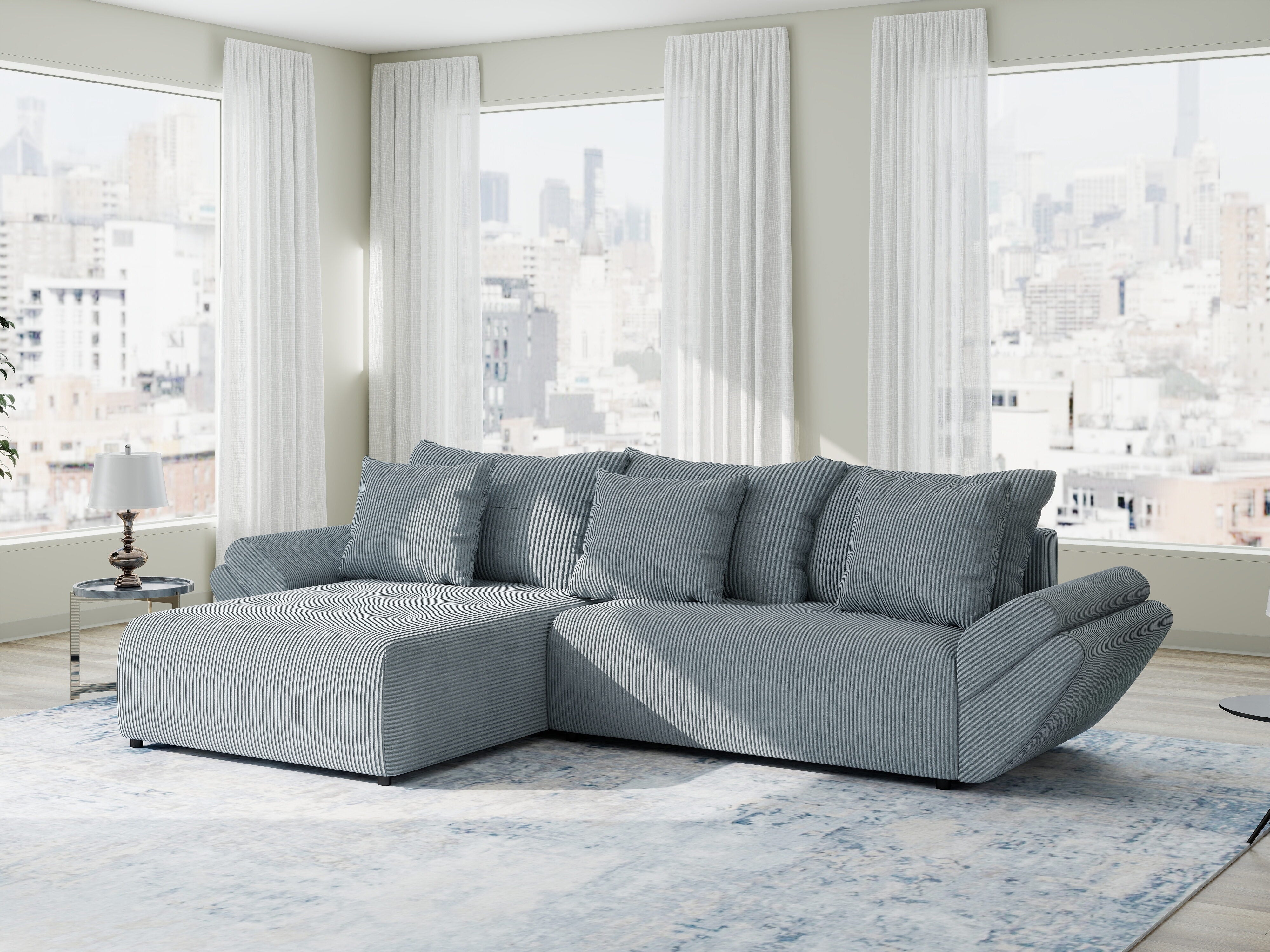 Colțar extensibil dumonde cu ladă de depozitare si sezut confortabil din spuma HR, Berlin Zoom Gri Mint 280x185 cm