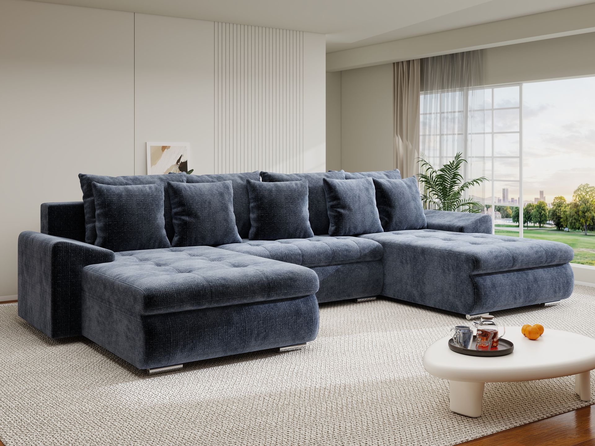 Colțar extensibil dumonde cu ladă de depozitare si sezut confortabil din spuma high-density, Leonardo U Cremona Albastru 79 360x185 cm