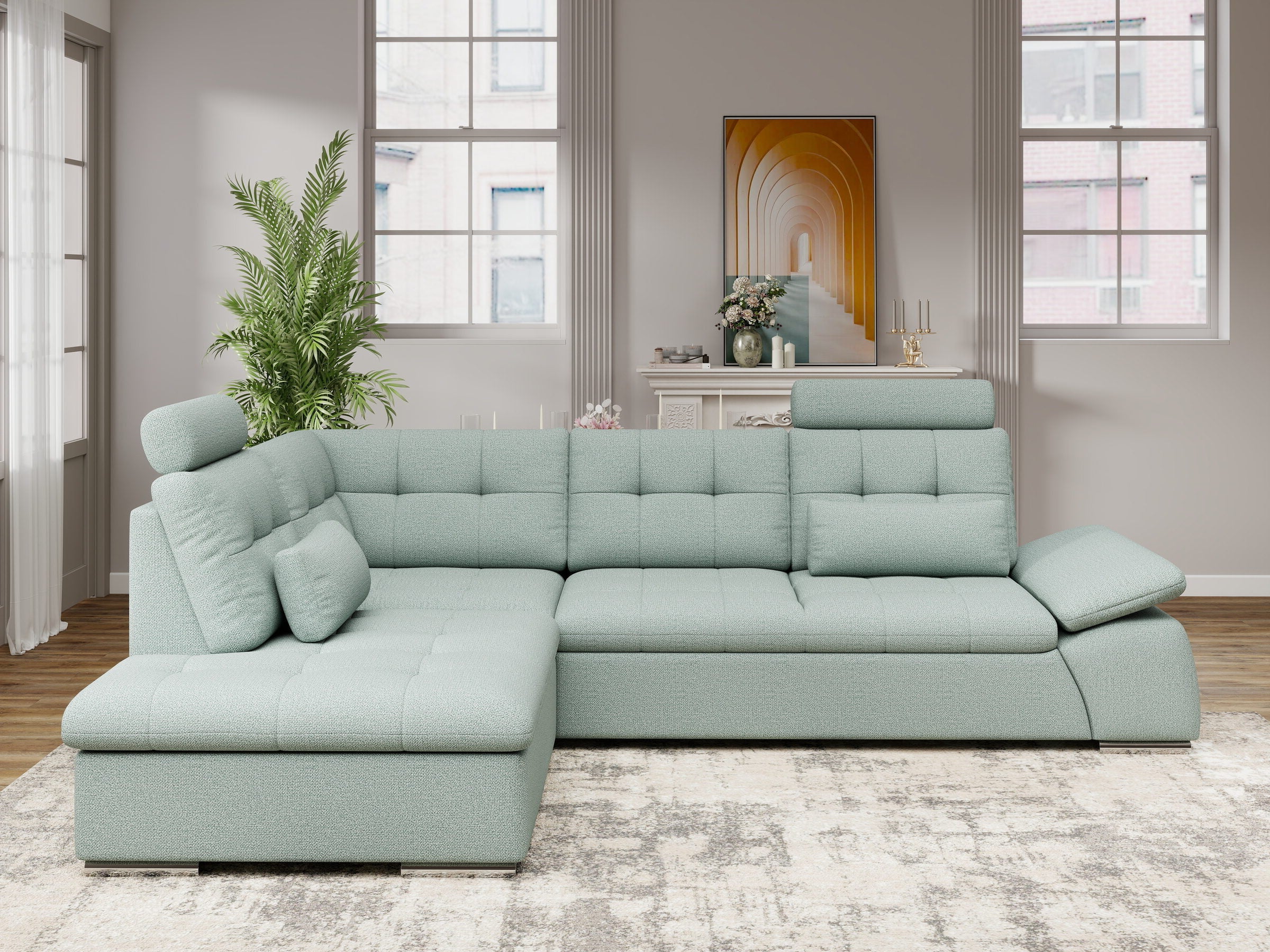 Colțar extensibil dumonde cu ladă de depozitare și șezut confortabil din spumă HR, Merkur XL Enjoy Verde Mint 256x217 cm