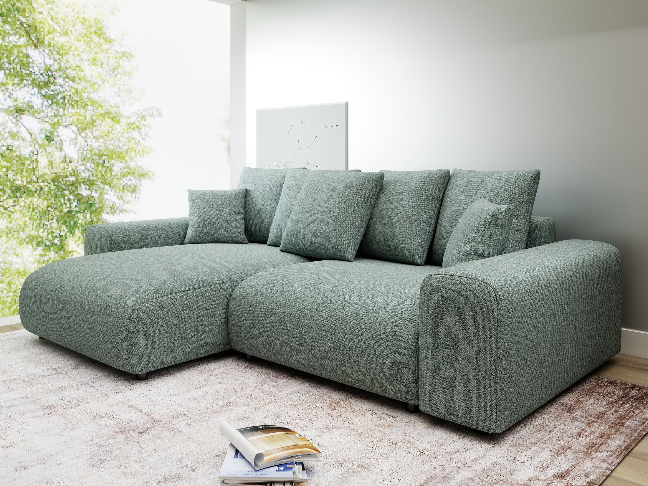 Colțar extensibil dumonde cu ladă de depozitare și șezut confortabil din spumă HR, Luma Enjoy Verde Mint 255x168 cm