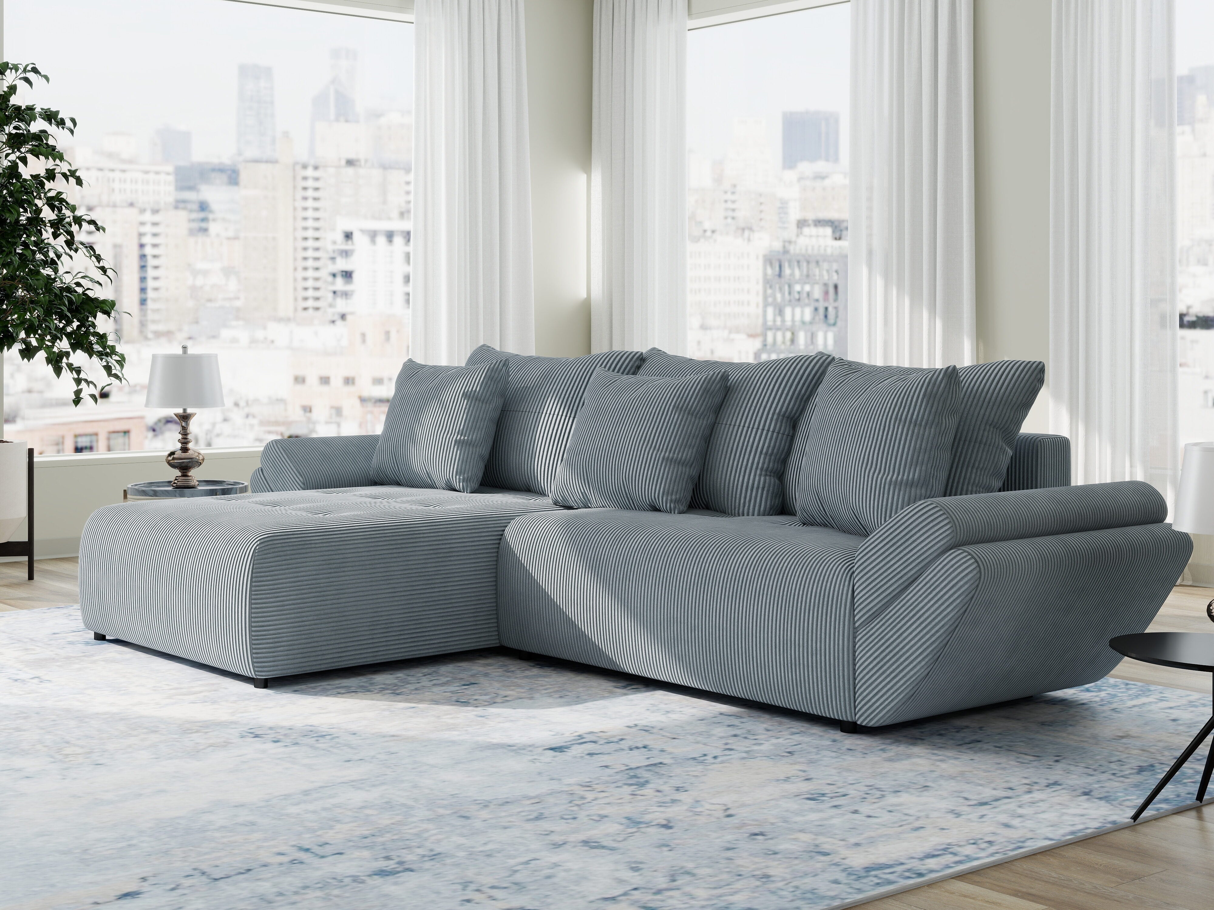 Colțar extensibil dumonde cu ladă de depozitare si sezut confortabil din spuma HR, Berlin Zoom Gri Mint 280x185 cm