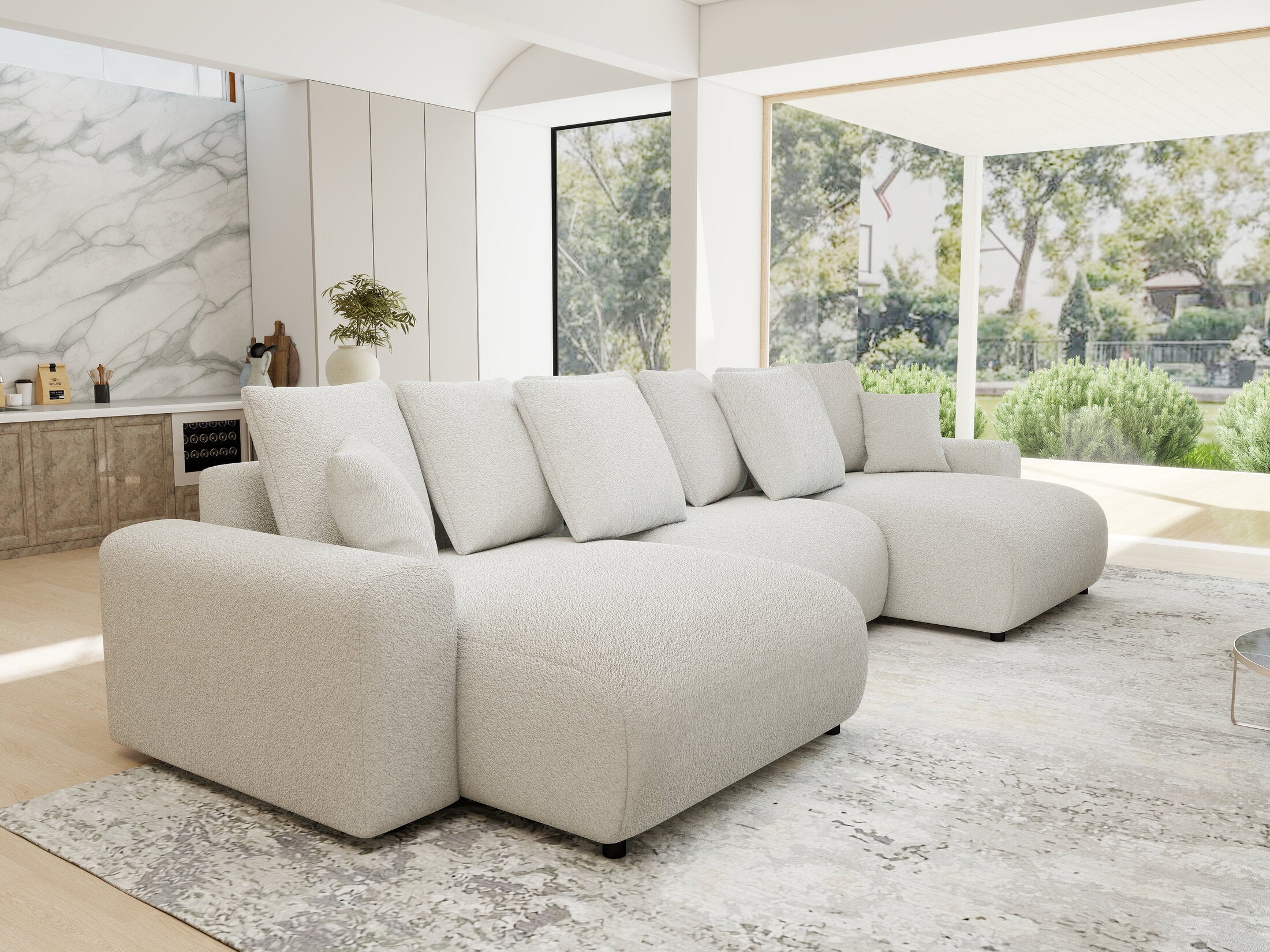 Colțar extensibil dumonde cu ladă de depozitare si sezut confortabil din spuma HR, Luma U Euphoria Alb 336x140 cm