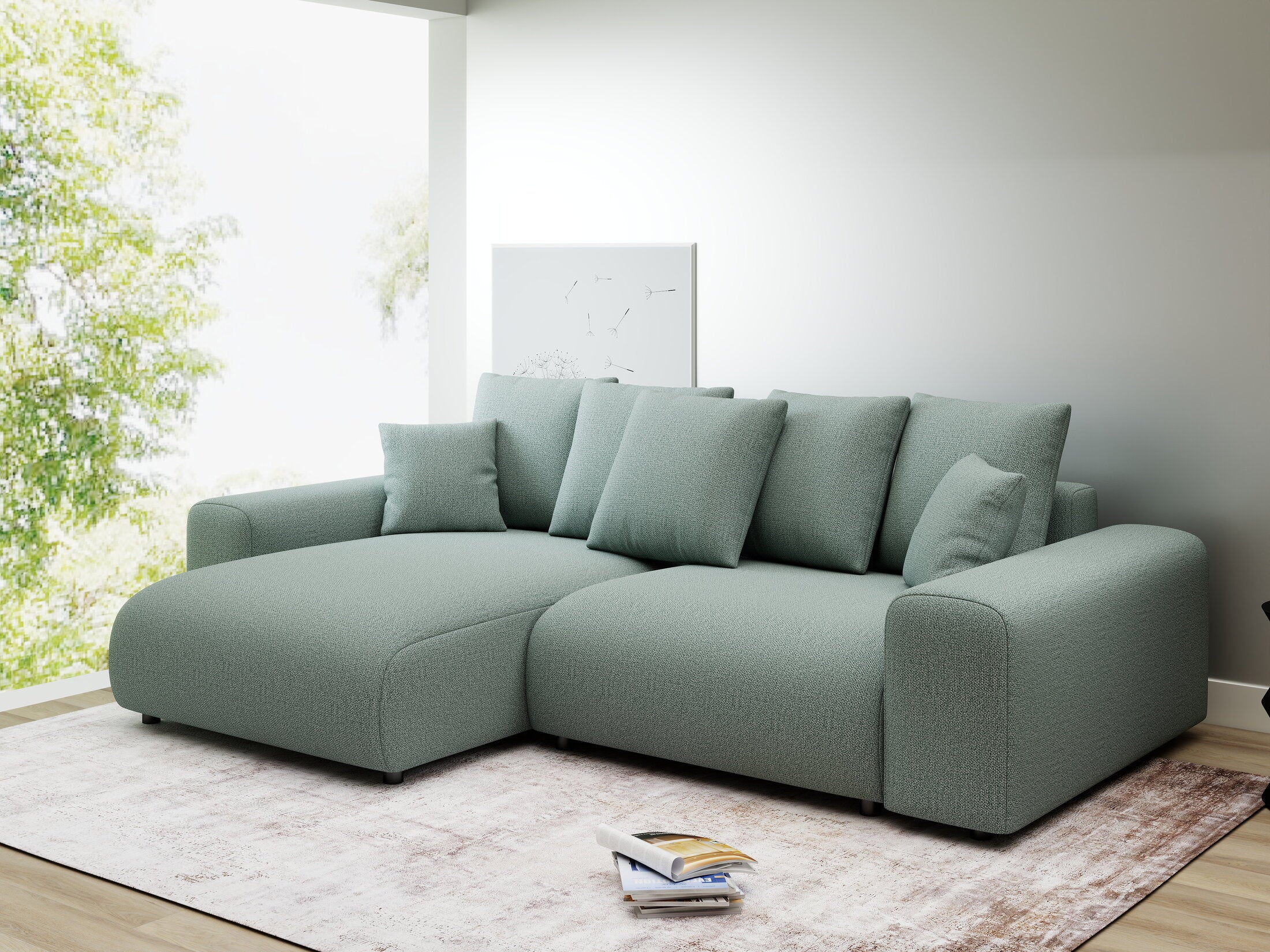 Colțar extensibil dumonde cu ladă de depozitare și șezut confortabil din spumă HR, Luma Enjoy Verde Mint 255x168 cm