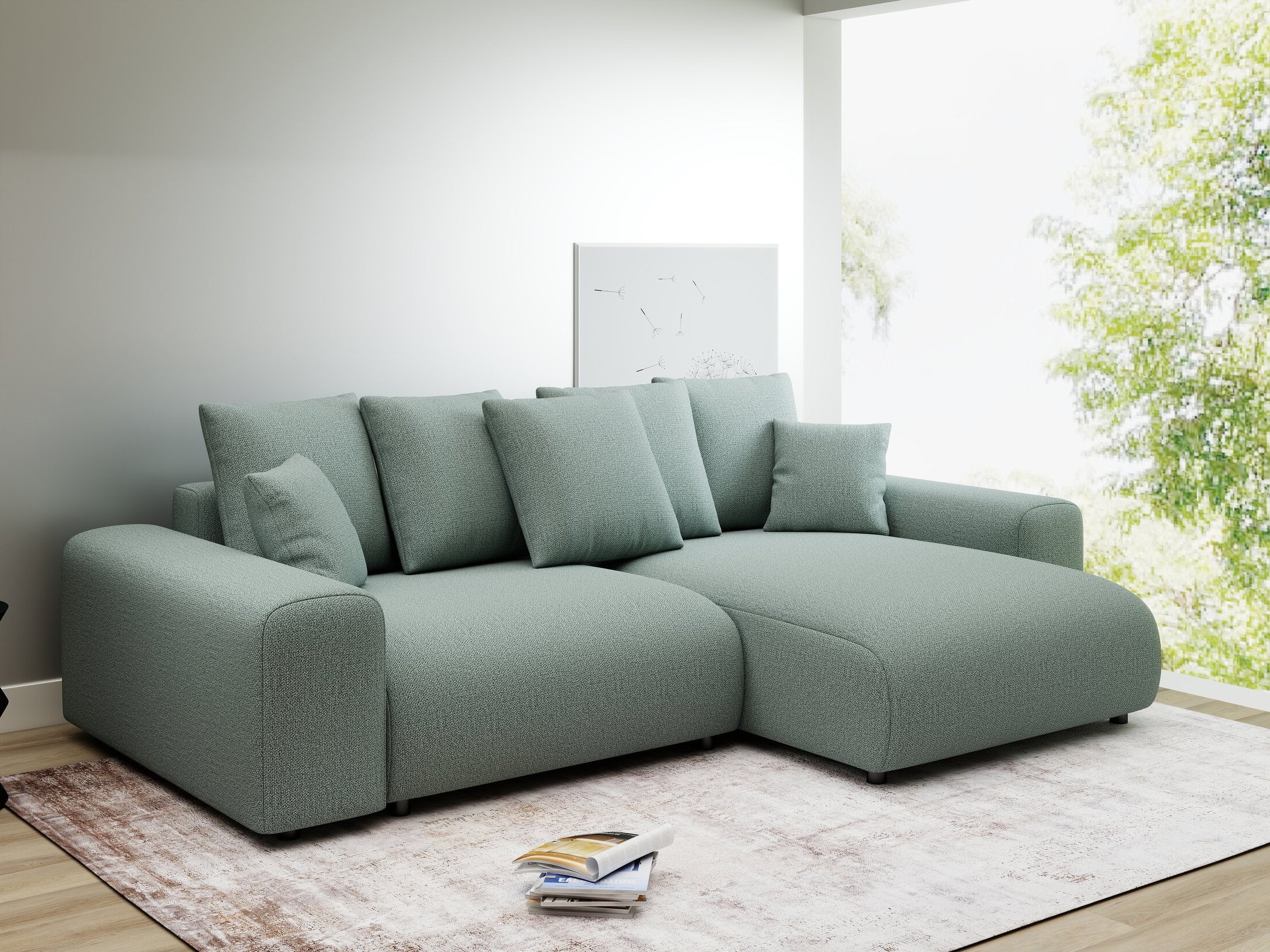 Colțar extensibil dumonde cu ladă de depozitare și șezut confortabil din spumă HR, Luma Enjoy Verde Mint 255x168 cm II