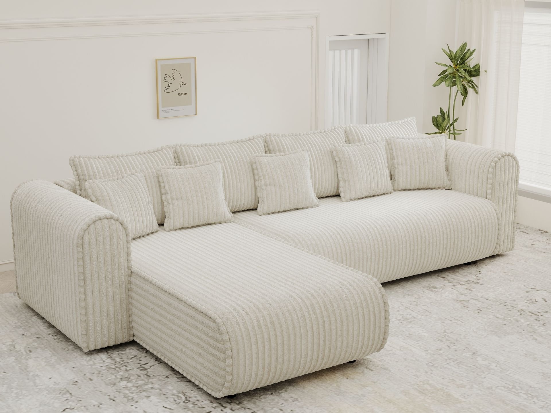 Colțar extensibil dumonde cu ladă de depozitare si sezut confortabil din spuma high-density, Monaco XL Tilia Crem 340x185 cm