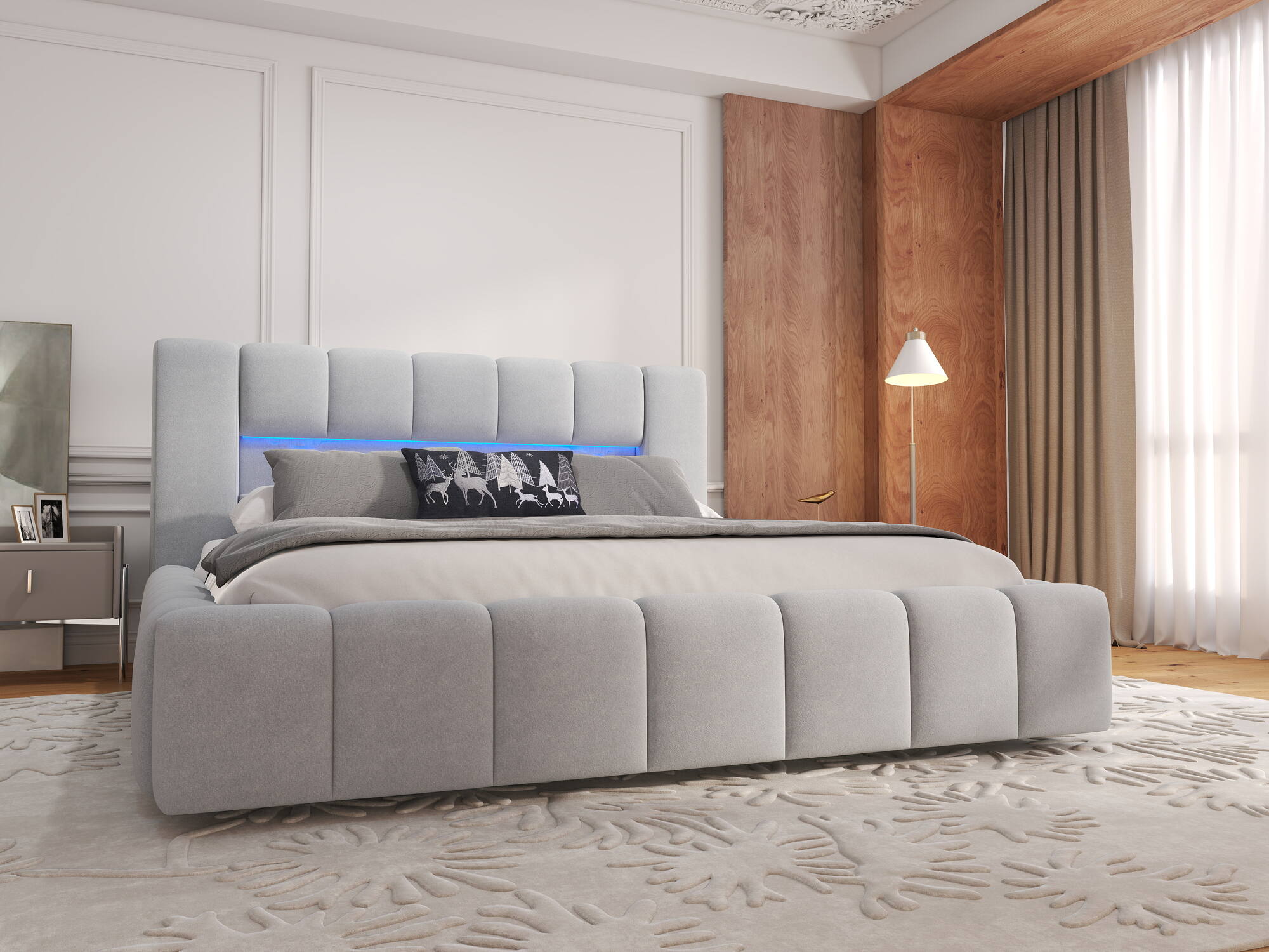 Pat dormitor dumonde, tapitat bej, Palermo 180X200 cm, somiera rabatabila inclusa, spatiu depozitare