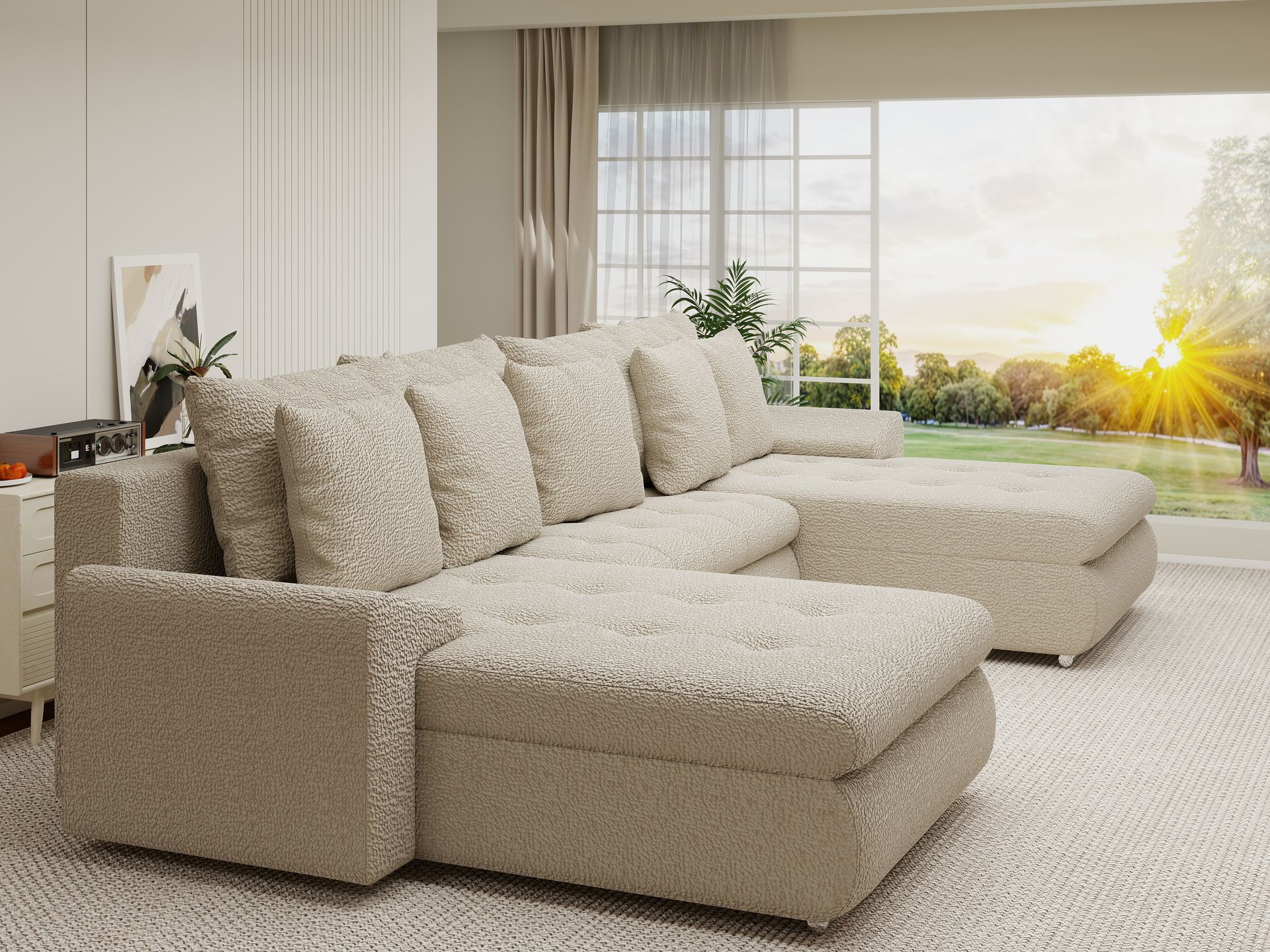 Colțar extensibil dumonde cu ladă de depozitare si sezut confortabil din spuma high-density, Leonardo U Jaguar Bej 04 360x185 cm