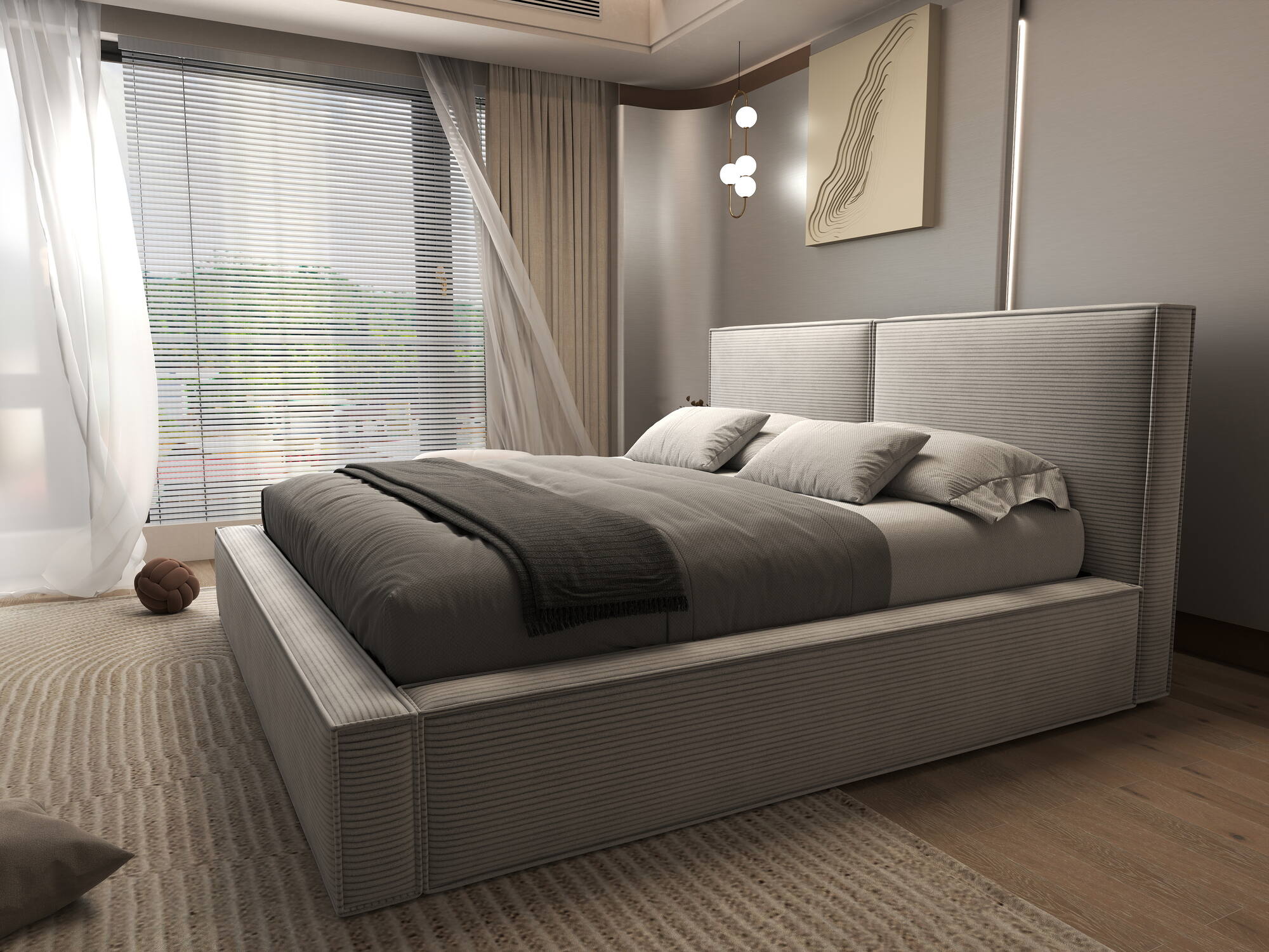 Pat dormitor dumonde, tapitat gri, Bogart 180x200 cm, somiera rabatabila inclusa, spatiu depozitare