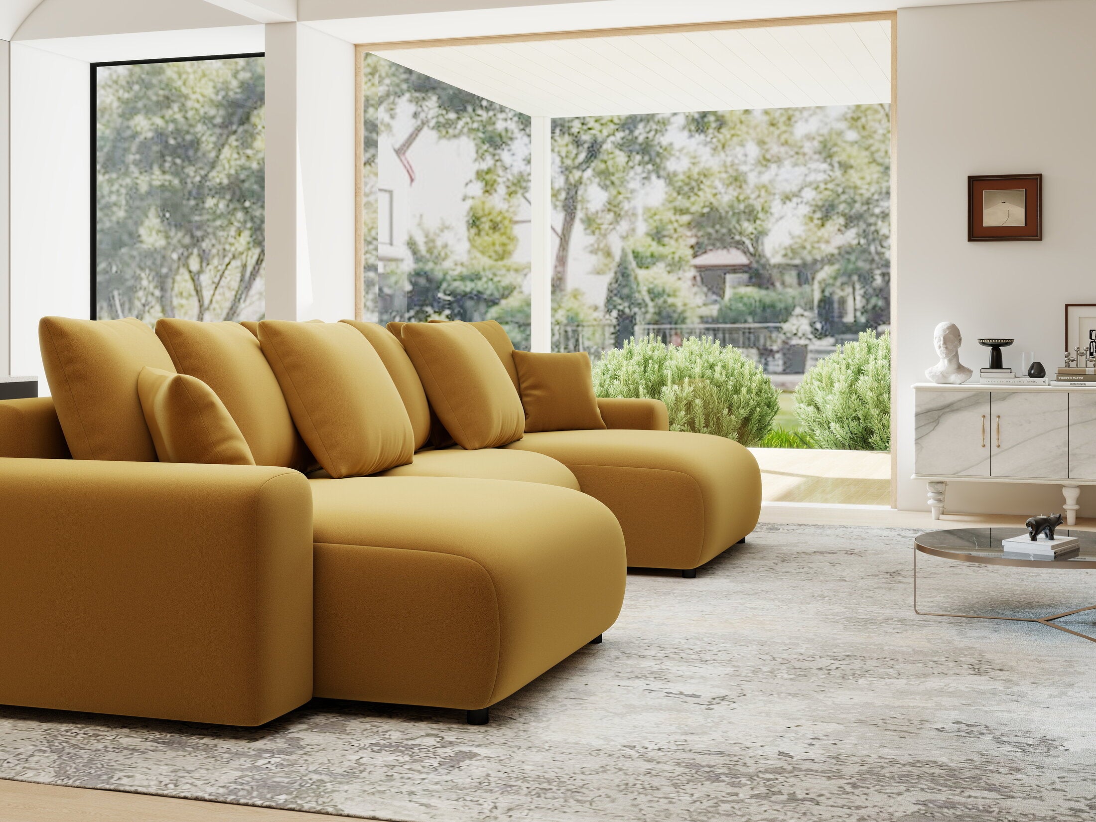 Colțar extensibil dumonde cu ladă de depozitare si sezut confortabil din spuma HR, Luma U Royal Mustar 336x140 cm