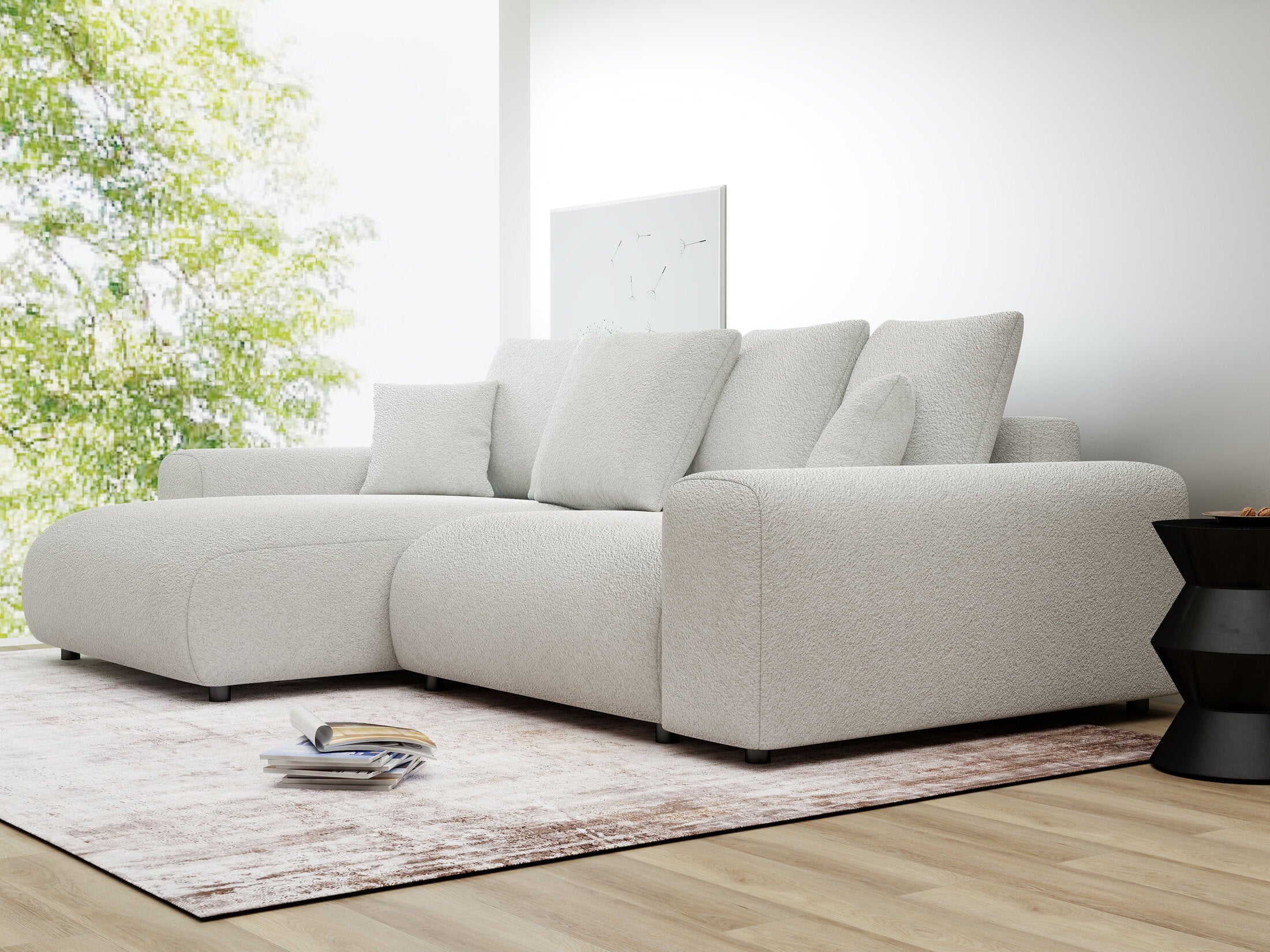 Colțar extensibil dumonde cu ladă de depozitare și șezut confortabil din spumă HR, Luma Euphoria Alb 255x168 cm