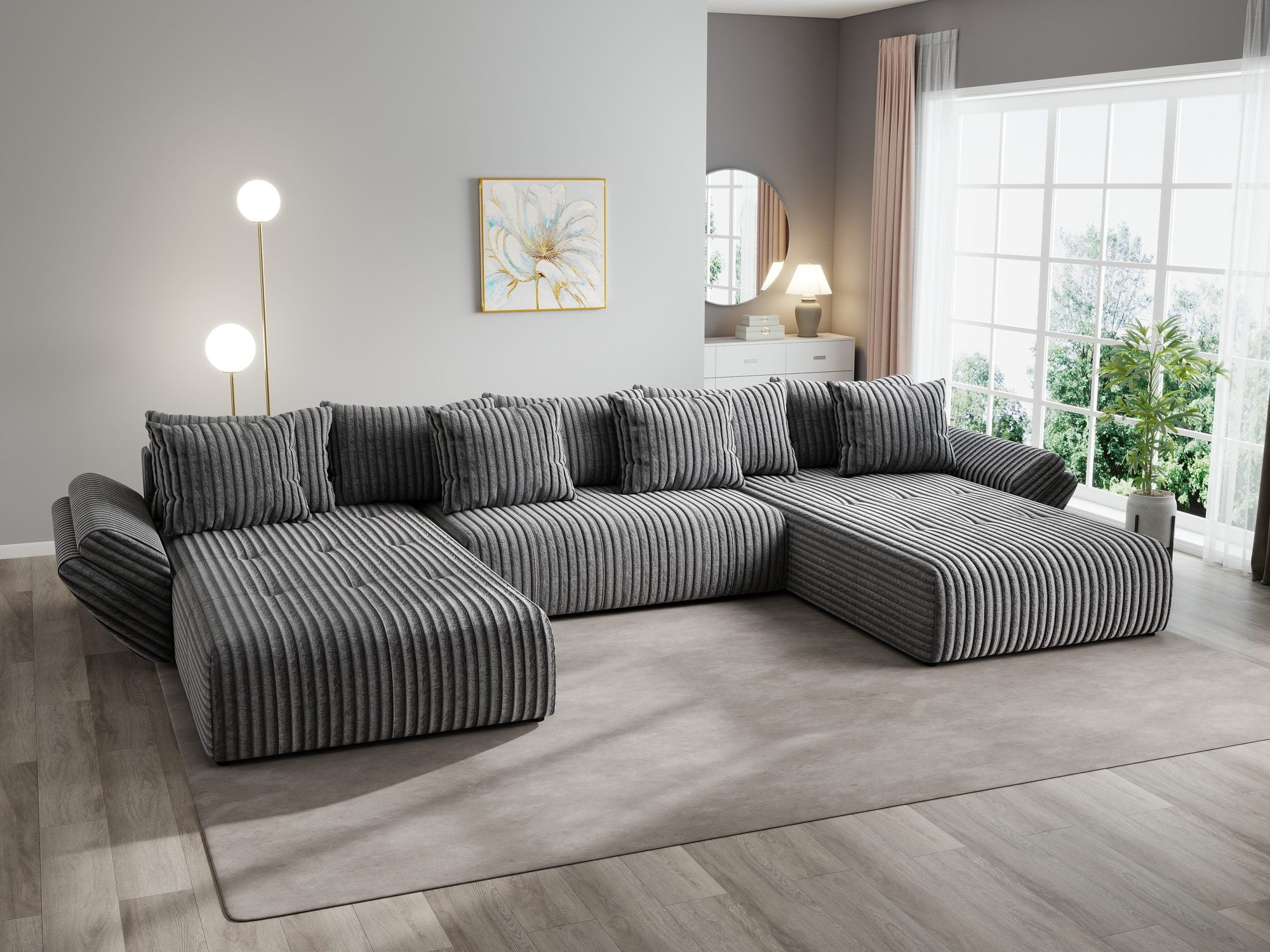 Colțar extensibil dumonde cu ladă de depozitare si sezut confortabil din spuma high-density, Berlin U Tilia Gri 90 380x180 cm