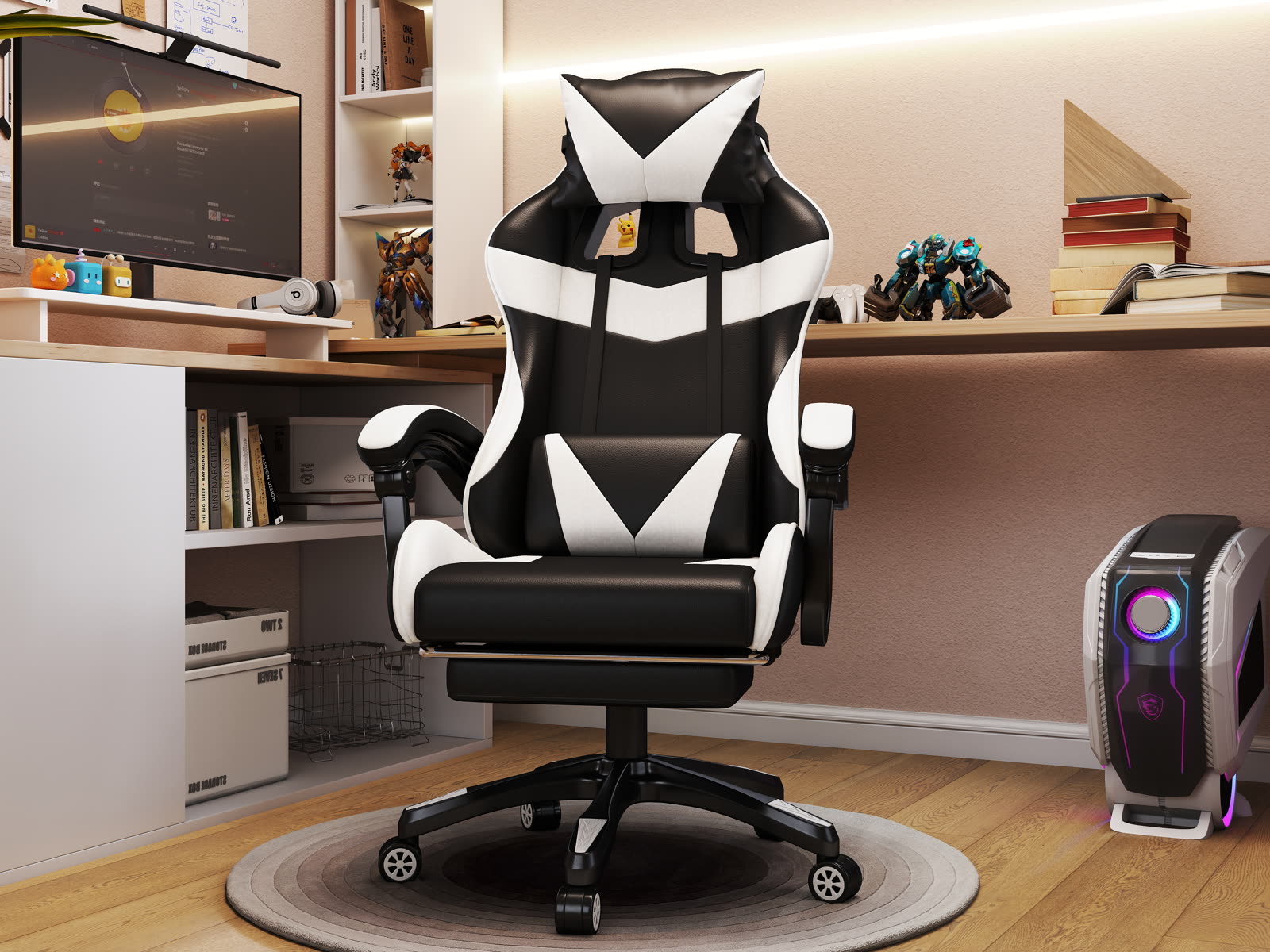 Scaun gaming Dumonde NOVA, mecanism multifuncțional, ecopiele, suport picioare, alb/negru