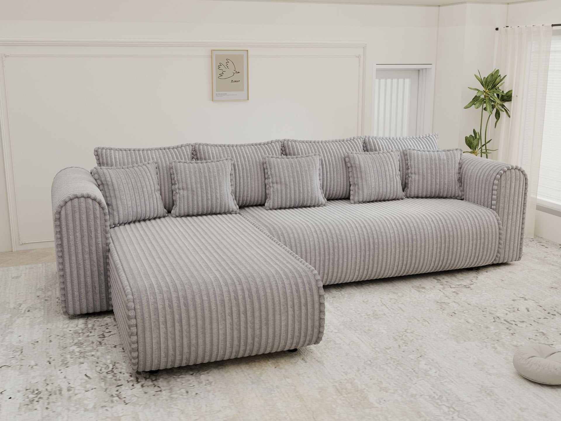Colțar extensibil dumonde cu ladă de depozitare si sezut confortabil din spuma high-density, Monaco XL Tilia Dove 340x185 cm