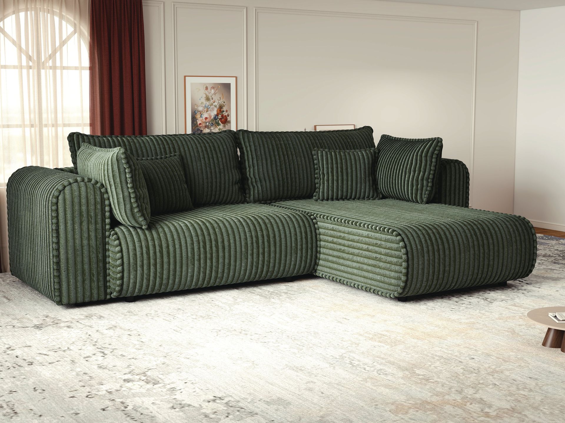 Colțar extensibil dumonde cu ladă de depozitare si sezut confortabil din spuma high-density, Monaco L Tilia Verde II 270x100 cm