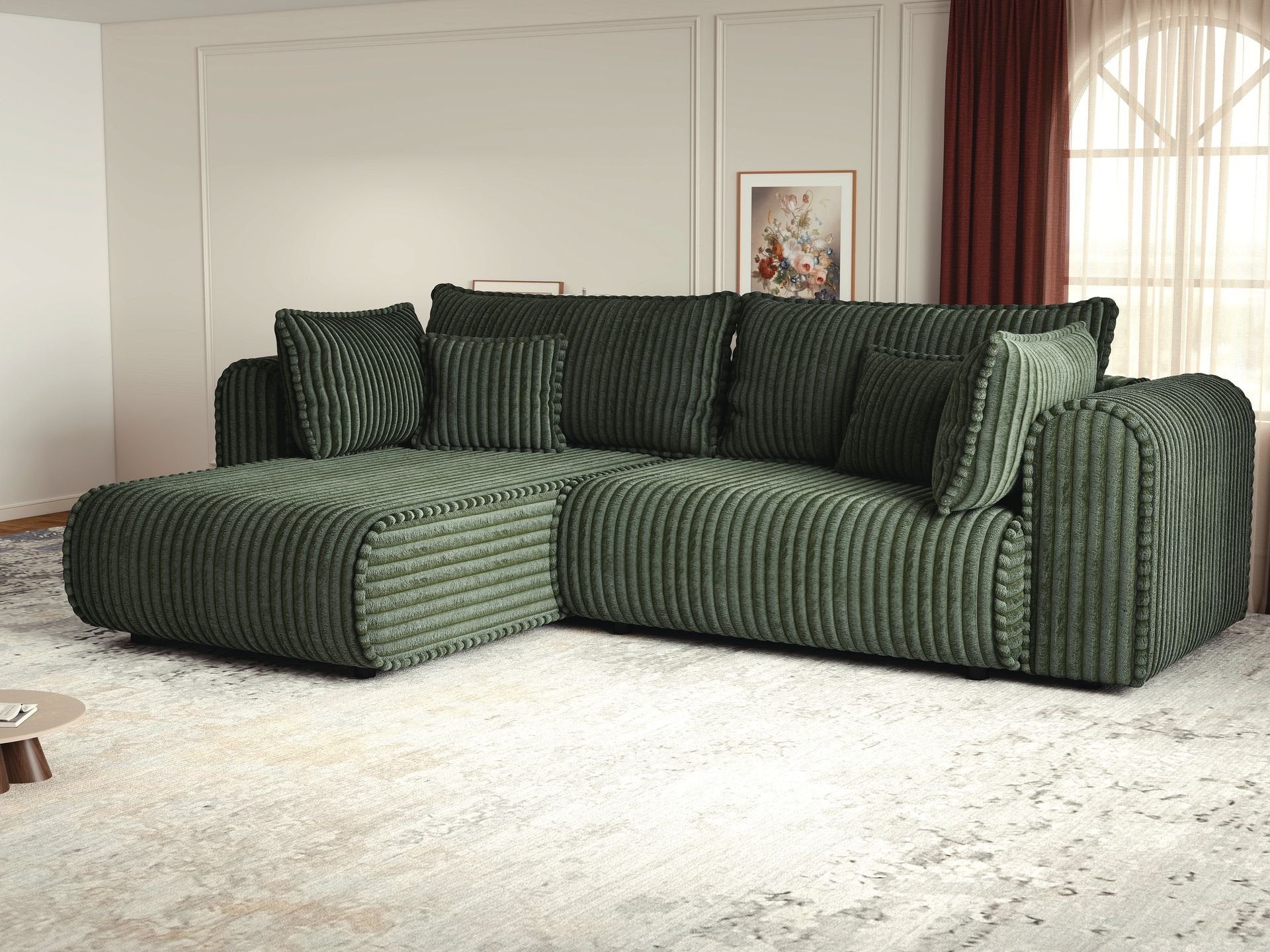 Colțar extensibil dumonde cu ladă de depozitare si sezut confortabil din spuma high-density, Monaco L Tilia Verde 270x100 cm