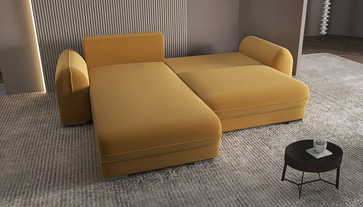 Colțar extensibil dumonde cu ladă de depozitare si sezut confortabil din spuma HR, Denver Royal Mustar 275x185 cm Fabrica