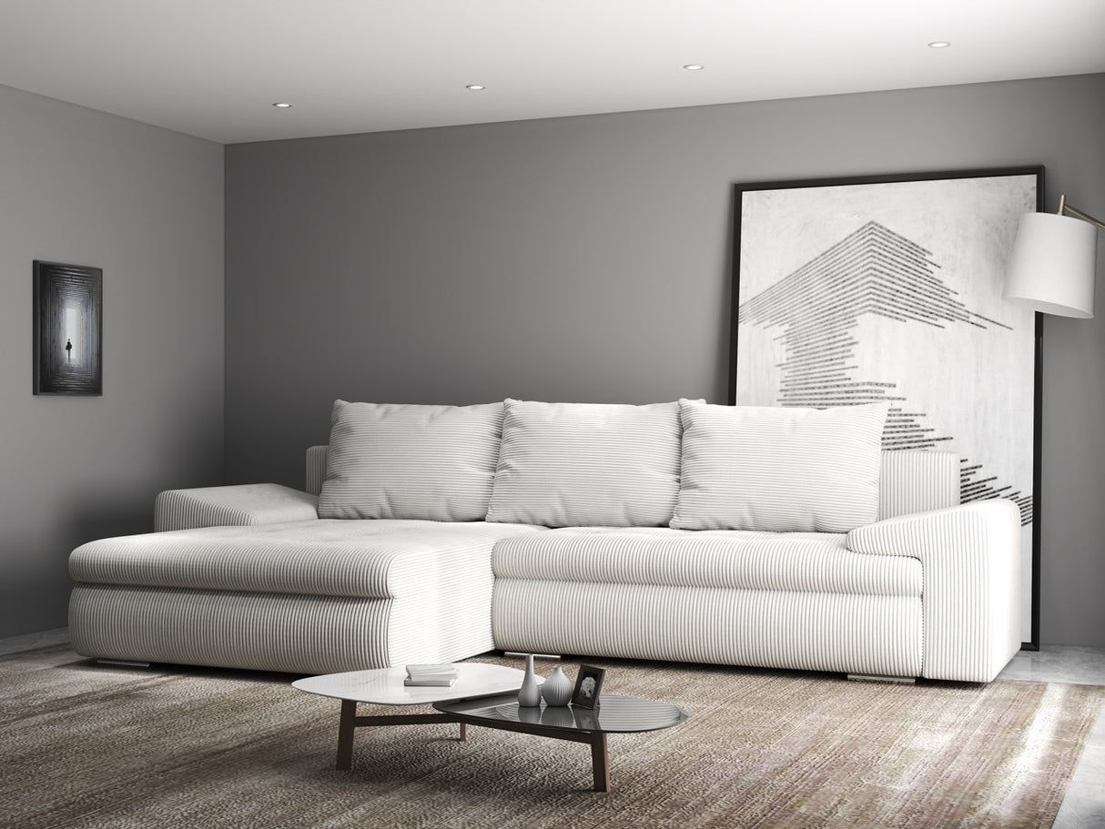 Colțar extensibil dumonde cu ladă de depozitare si sezut confortabil din spuma HR, Leonardo Zoom Gri 255x193 cm