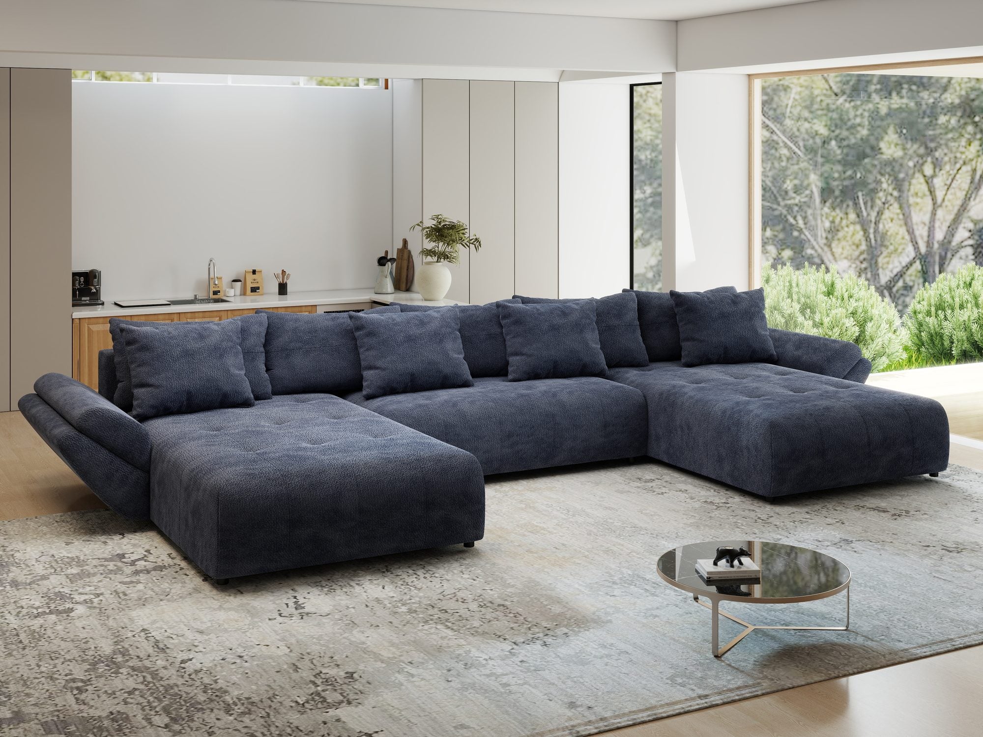 Colțar extensibil dumonde cu ladă de depozitare si sezut confortabil din spuma high-density, Berlin U Vibe Albastru 79 380x180 cm