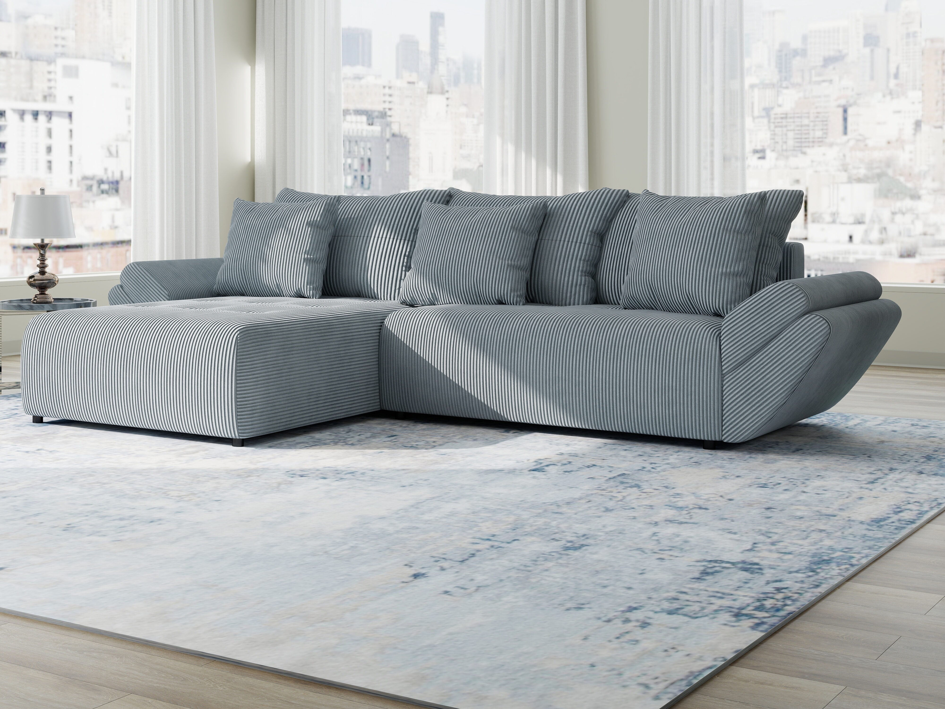 Colțar extensibil dumonde cu ladă de depozitare si sezut confortabil din spuma HR, Berlin Zoom Gri Mint 280x185 cm