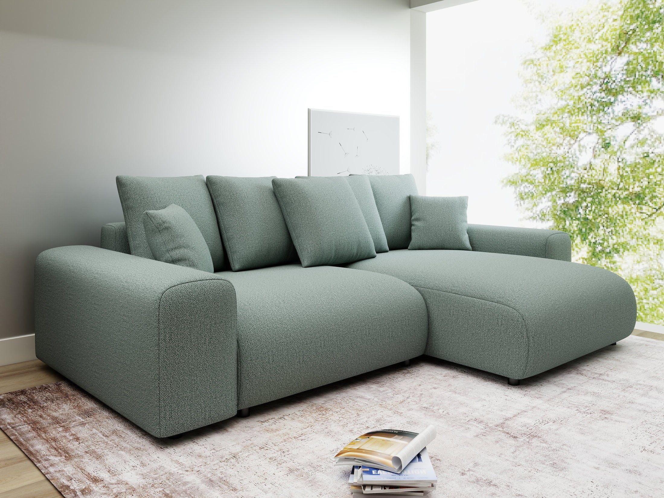 Colțar extensibil dumonde cu ladă de depozitare și șezut confortabil din spumă HR, Luma Enjoy Verde Mint 255x168 cm II