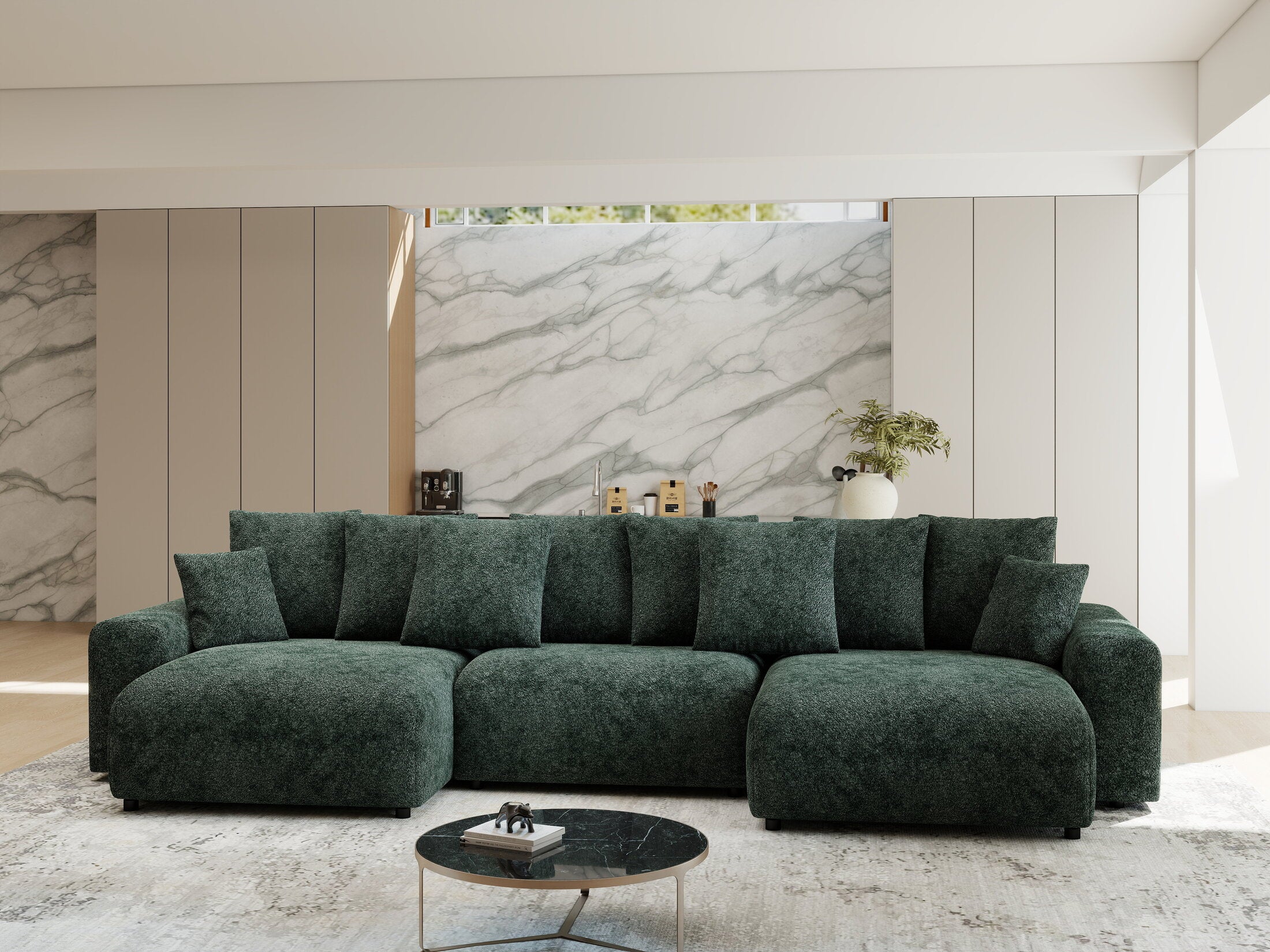 Colțar extensibil dumonde cu ladă de depozitare si sezut confortabil din spuma HR, Luma U Euphoria Verde 336x140 cm