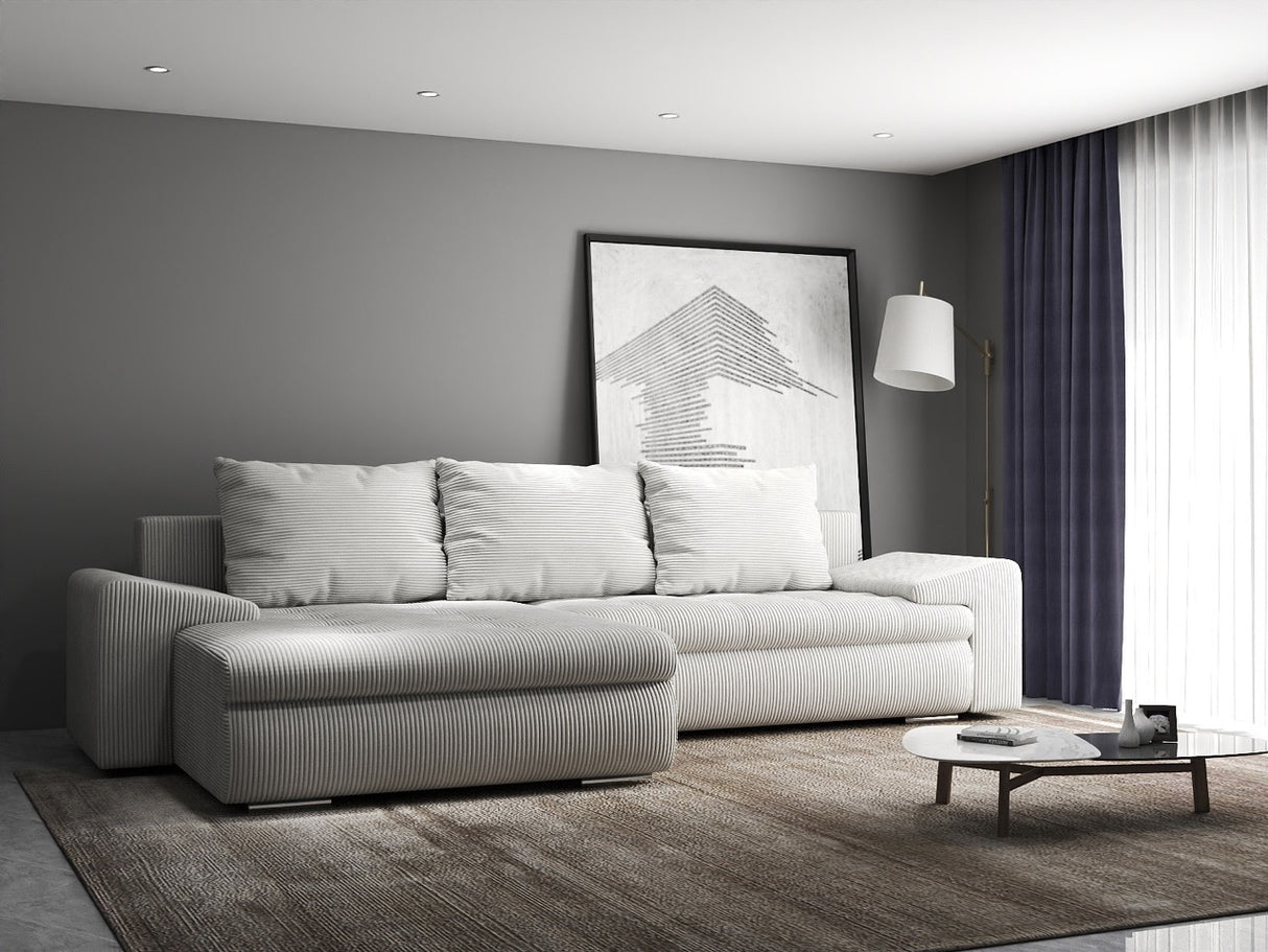 Colțar extensibil dumonde cu ladă de depozitare si sezut confortabil din spuma HR, Leonardo Zoom Gri 255x193 cm