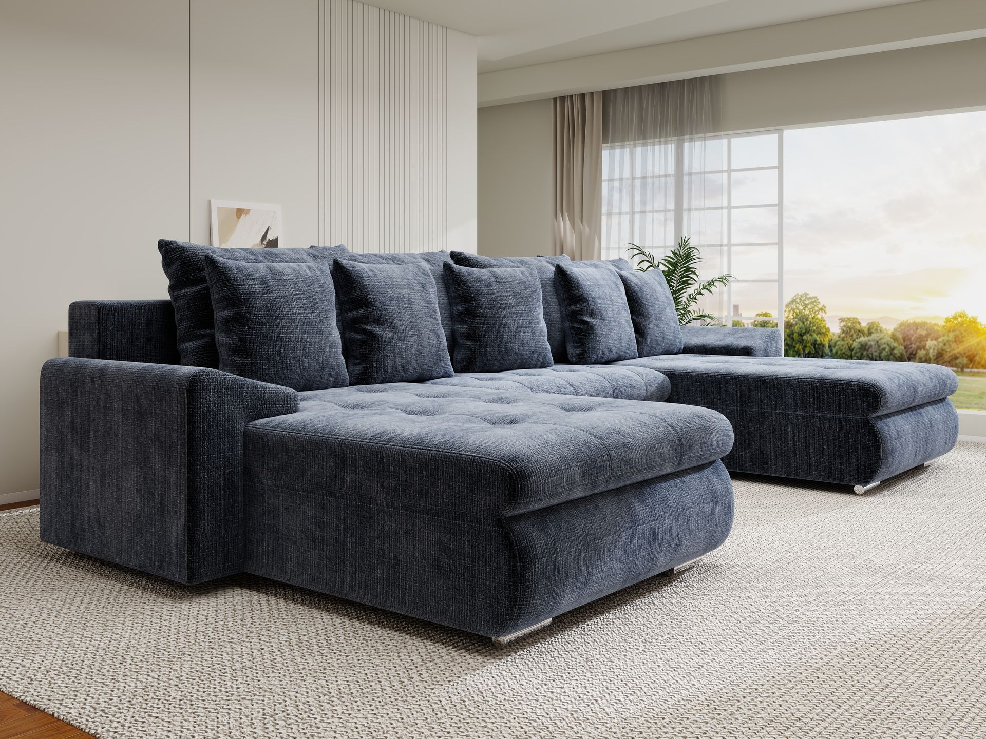 Colțar extensibil dumonde cu ladă de depozitare si sezut confortabil din spuma high-density, Leonardo U Cremona Albastru 79 360x185 cm
