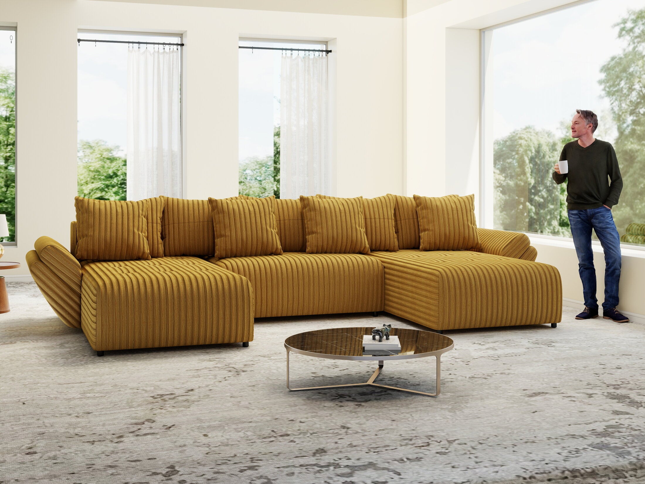 Colțar extensibil dumonde cu ladă de depozitare Berlin U Ambiance Mustar 400x185 cm