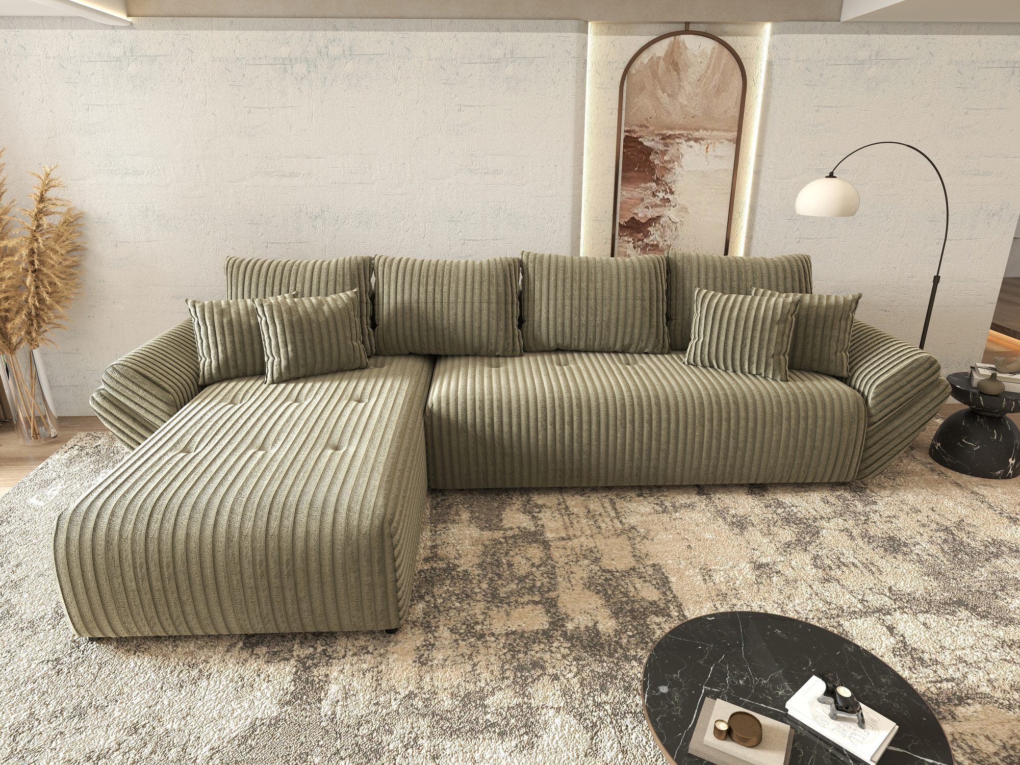 Colțar extensibil dumonde cu ladă de depozitare si sezut confortabil din spuma high-density, Berlin XL Tilia Verde Olive 37 350x185 cm