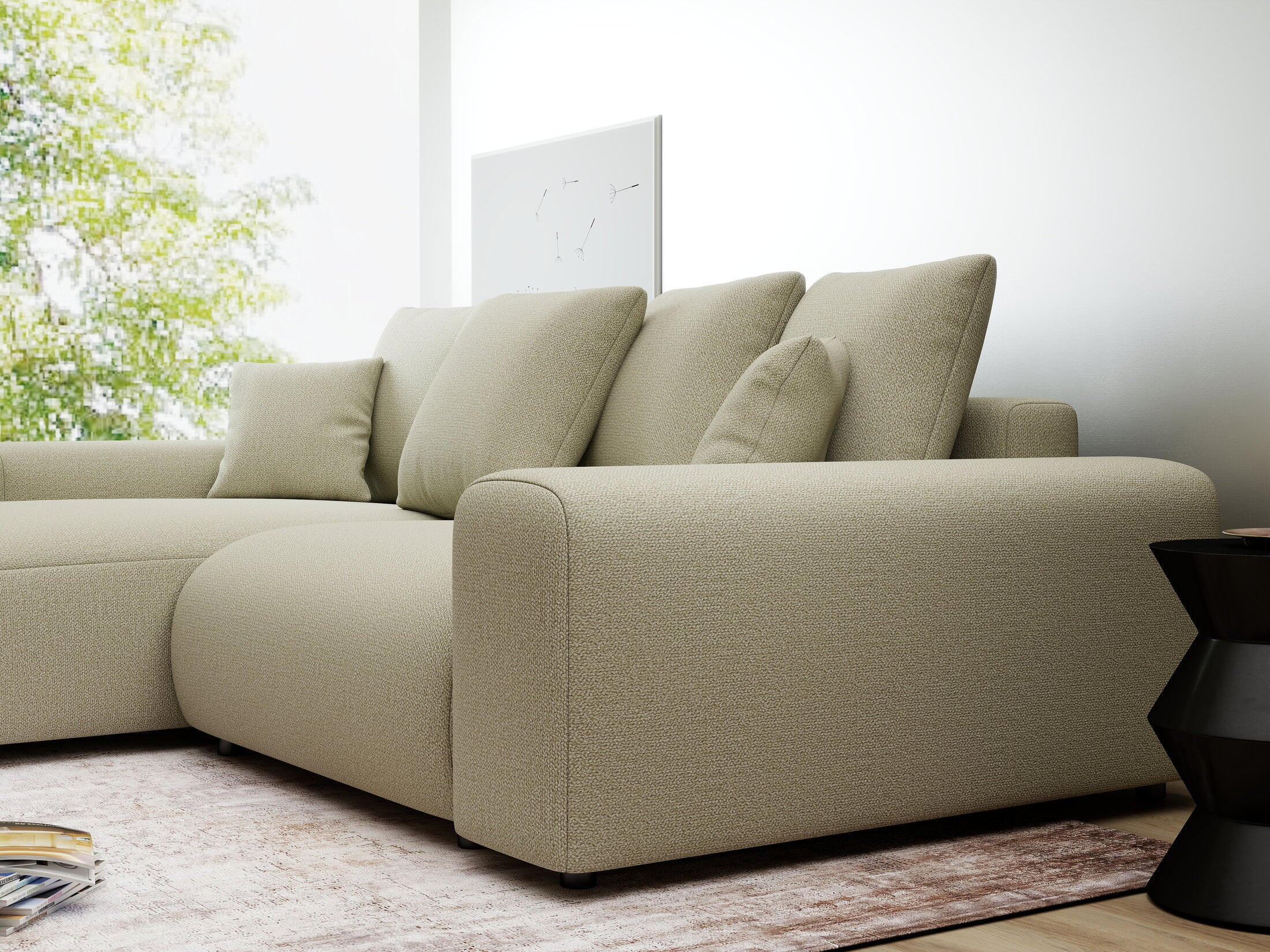 Colțar extensibil dumonde cu ladă de depozitare și șezut confortabil din spumă HR, Luma Enjoy Bej 255x168 cm