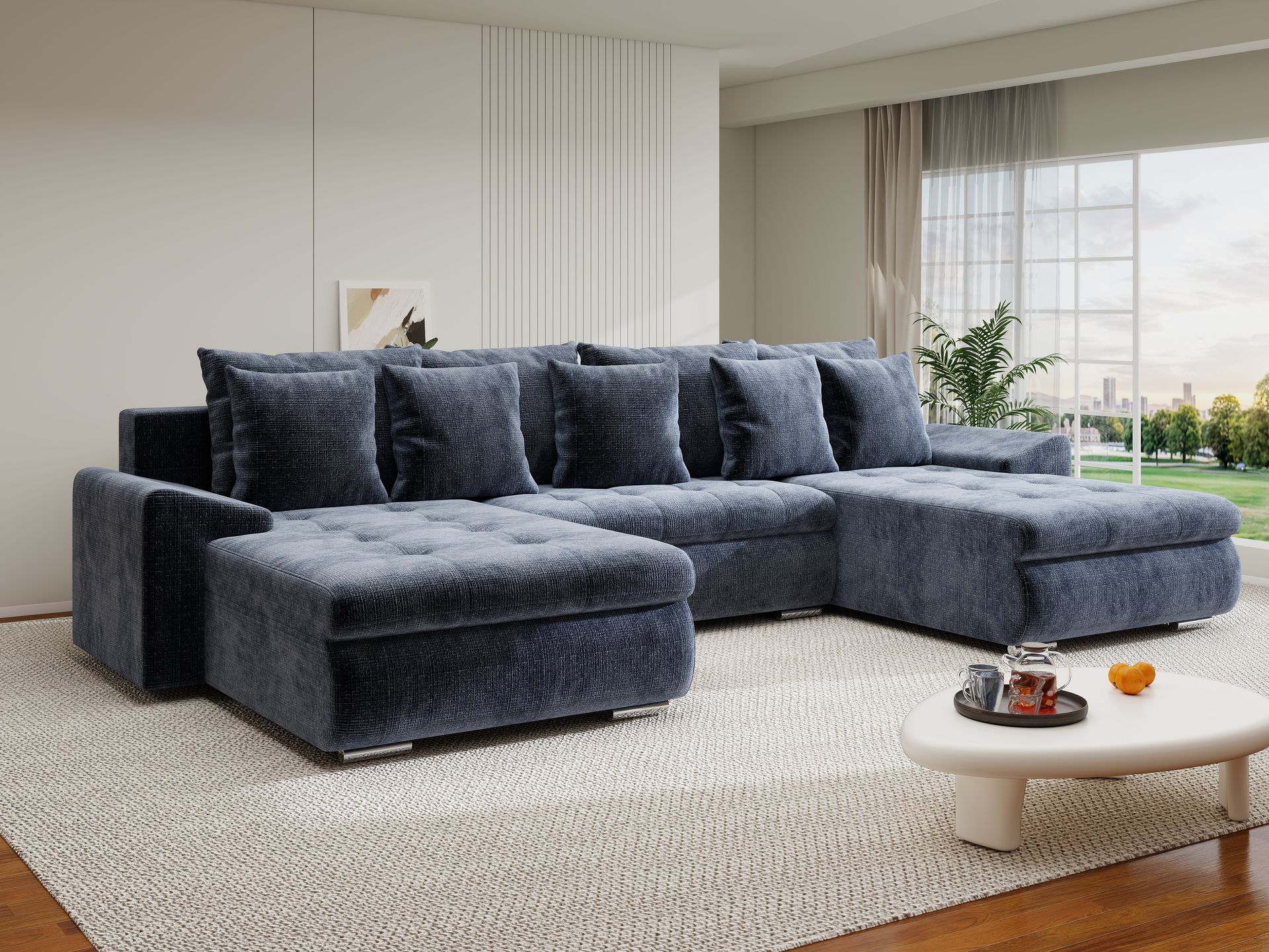 Colțar extensibil dumonde cu ladă de depozitare si sezut confortabil din spuma high-density, Leonardo U Cremona Albastru 79 360x185 cm