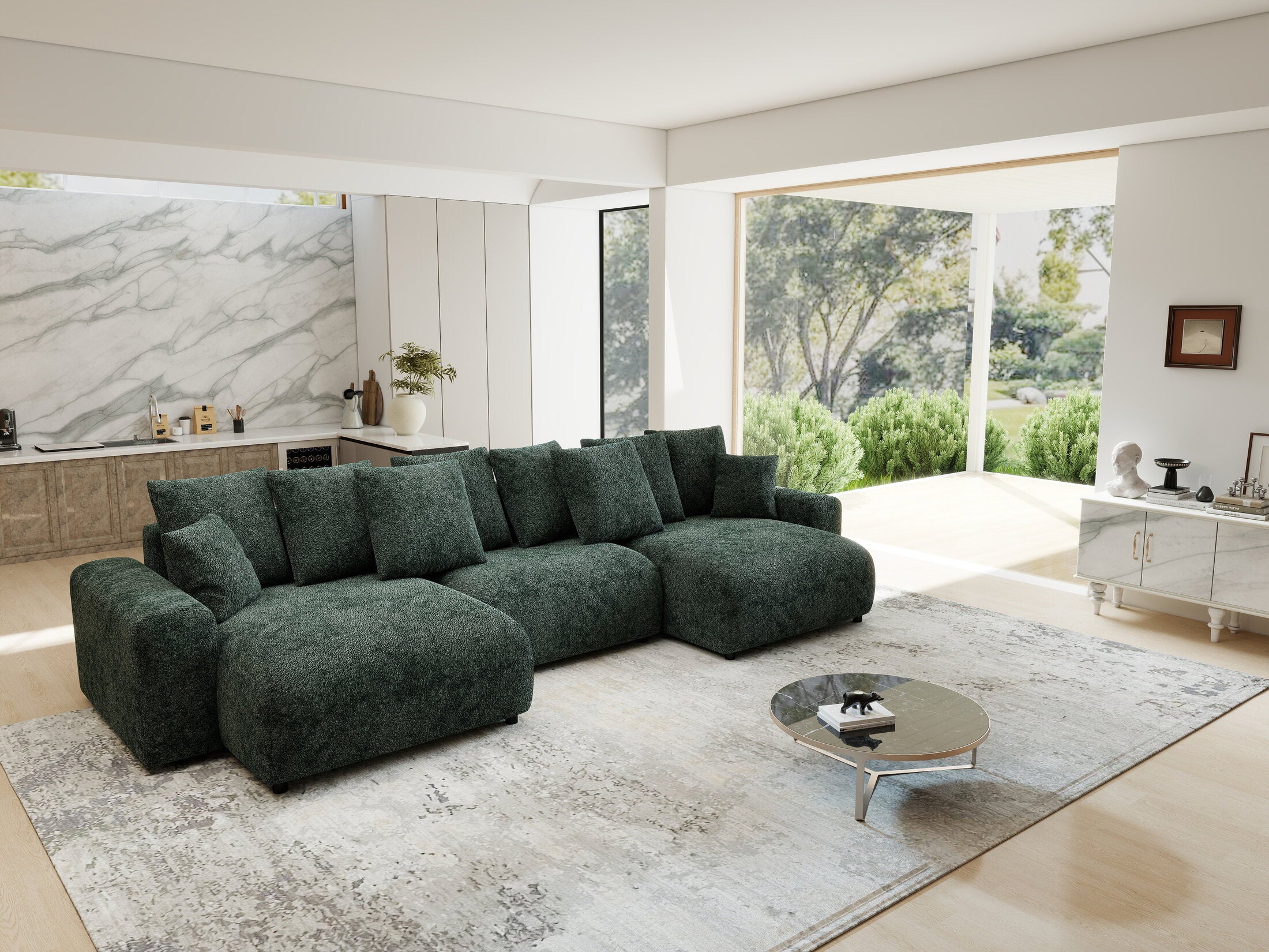 Colțar extensibil dumonde cu ladă de depozitare si sezut confortabil din spuma HR, Luma U Euphoria Verde 336x140 cm