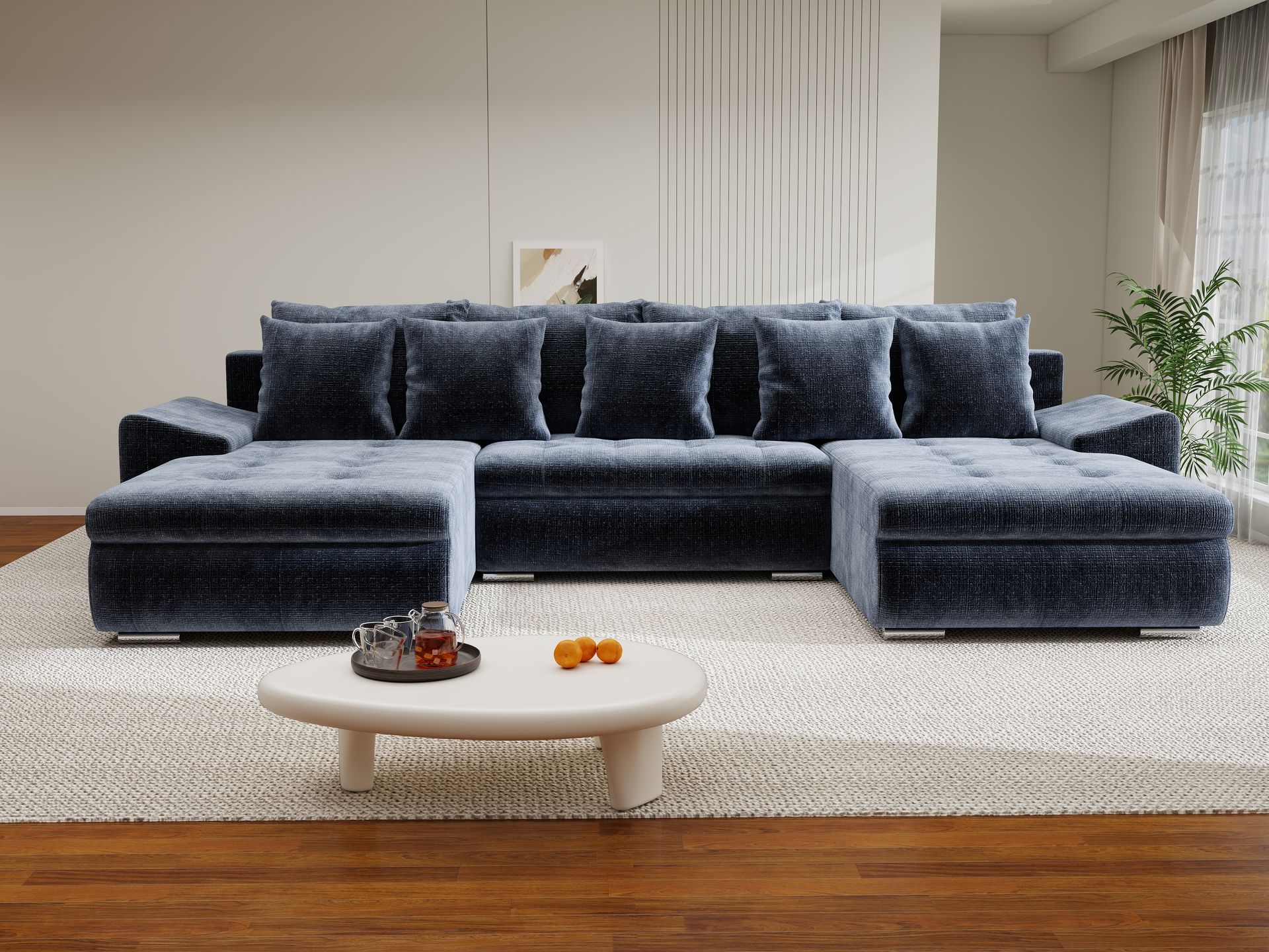 Colțar extensibil dumonde cu ladă de depozitare si sezut confortabil din spuma high-density, Leonardo U Cremona Albastru 79 360x185 cm
