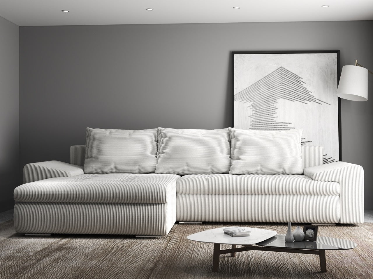 Colțar extensibil dumonde cu ladă de depozitare si sezut confortabil din spuma HR, Leonardo Zoom Crem 255x193 cm Fabrica