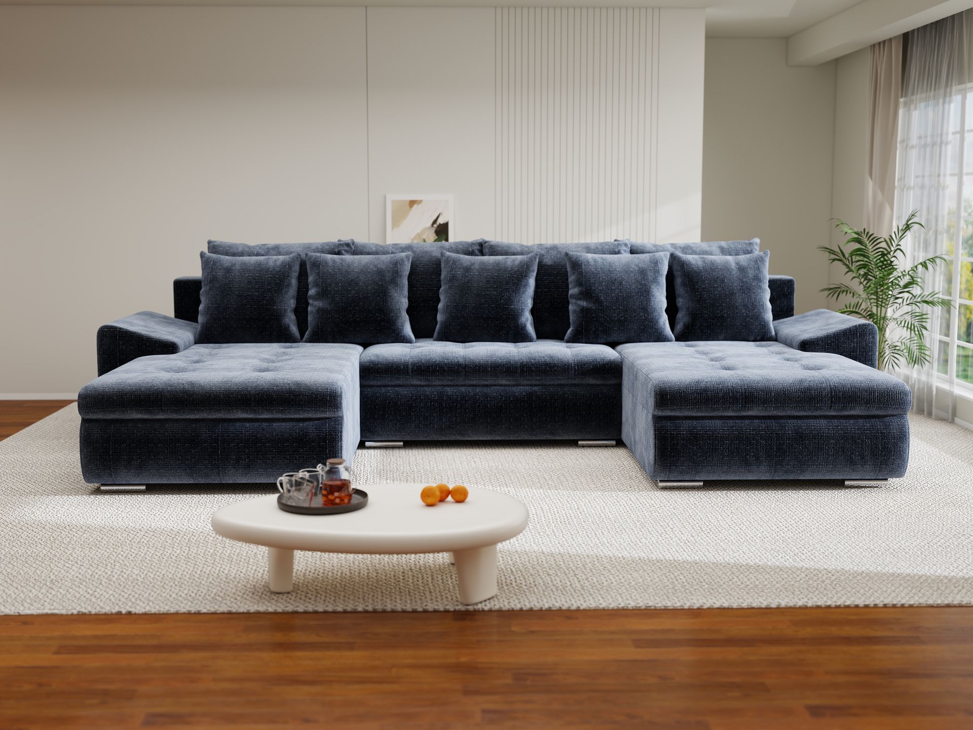 Colțar extensibil dumonde cu ladă de depozitare si sezut confortabil din spuma high-density, Leonardo U Cremona Albastru 79 360x185 cm