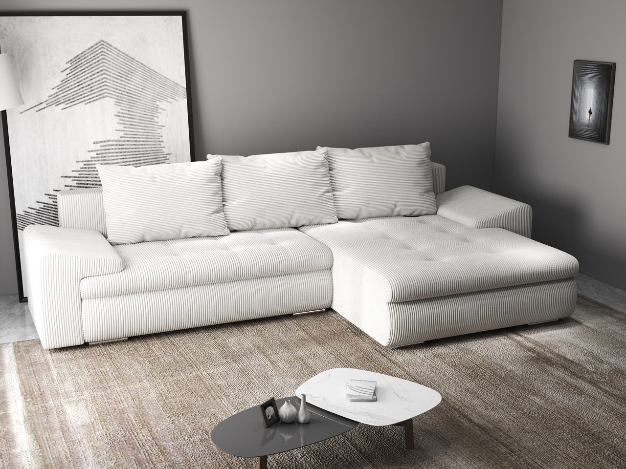 Colțar extensibil dumonde cu ladă de depozitare si sezut confortabil din spuma HR, Leonardo Zoom Crem 255x193 cm II Fabrica