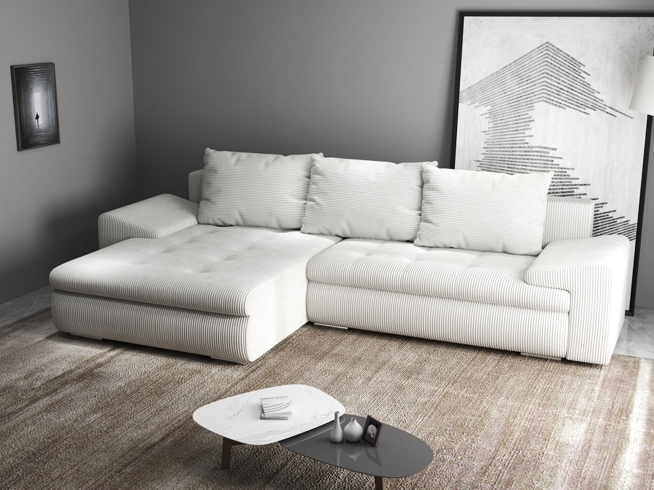 Colțar extensibil dumonde cu ladă de depozitare si sezut confortabil din spuma HR, Leonardo Zoom Crem 255x193 cm Fabrica
