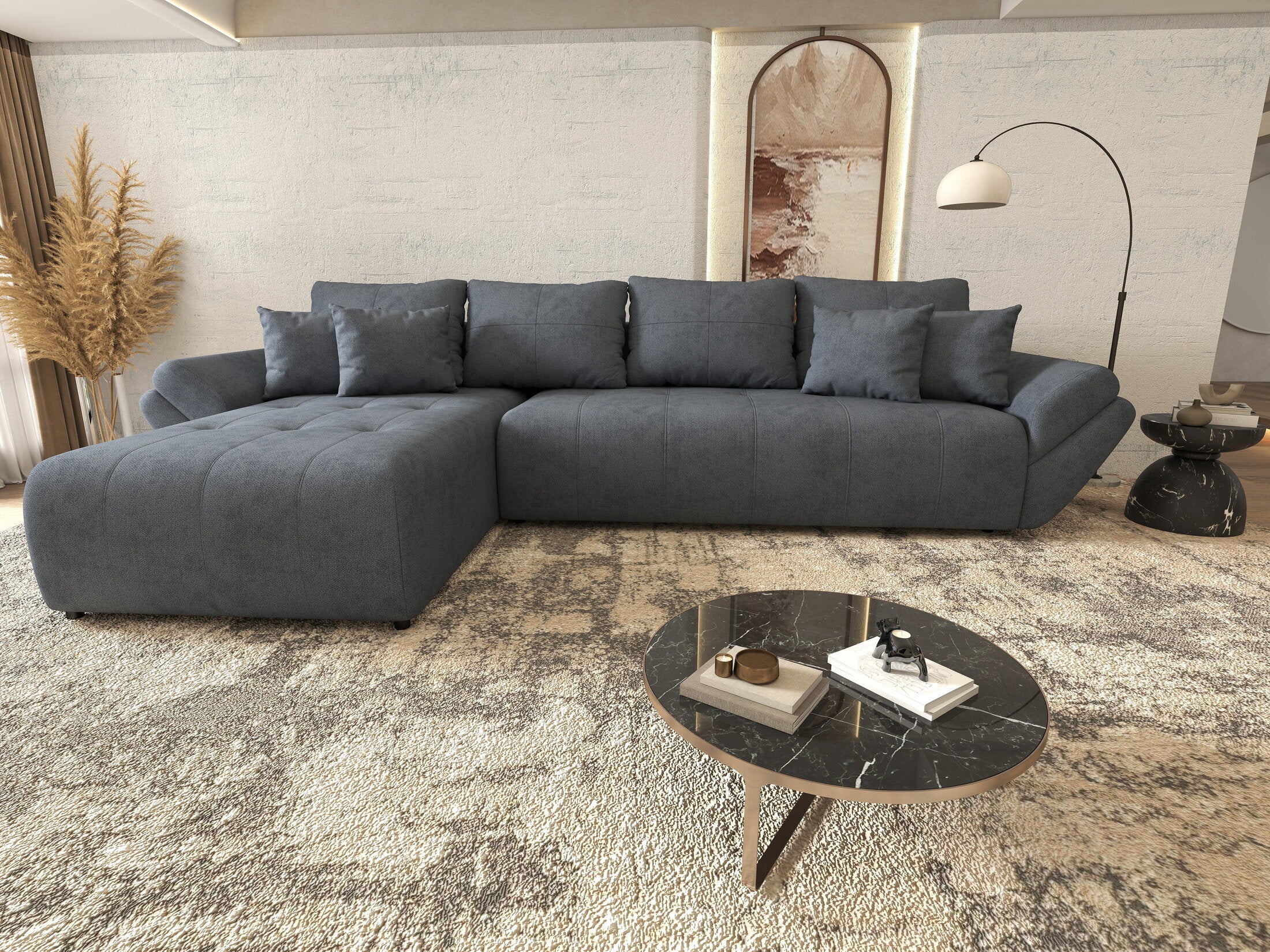 Colțar extensibil dumonde cu ladă de depozitare si sezut confortabil din spuma HR, Berlin XL Enjoy Antracit 350x185 cm