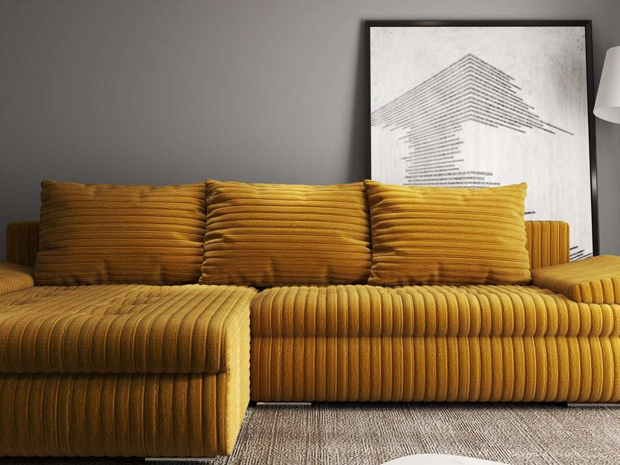 Colțar extensibil dumonde cu ladă de depozitare si sezut confortabil din spuma HR, Leonardo Ambience Mustar 255x193 cm