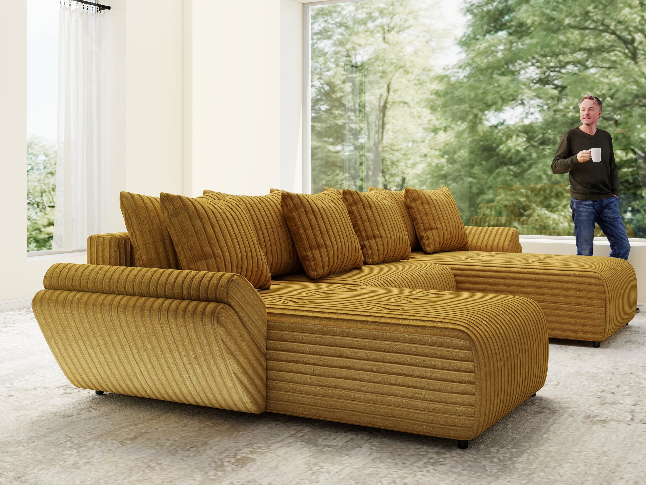 Colțar extensibil dumonde cu ladă de depozitare Berlin U Ambiance Mustar 400x185 cm