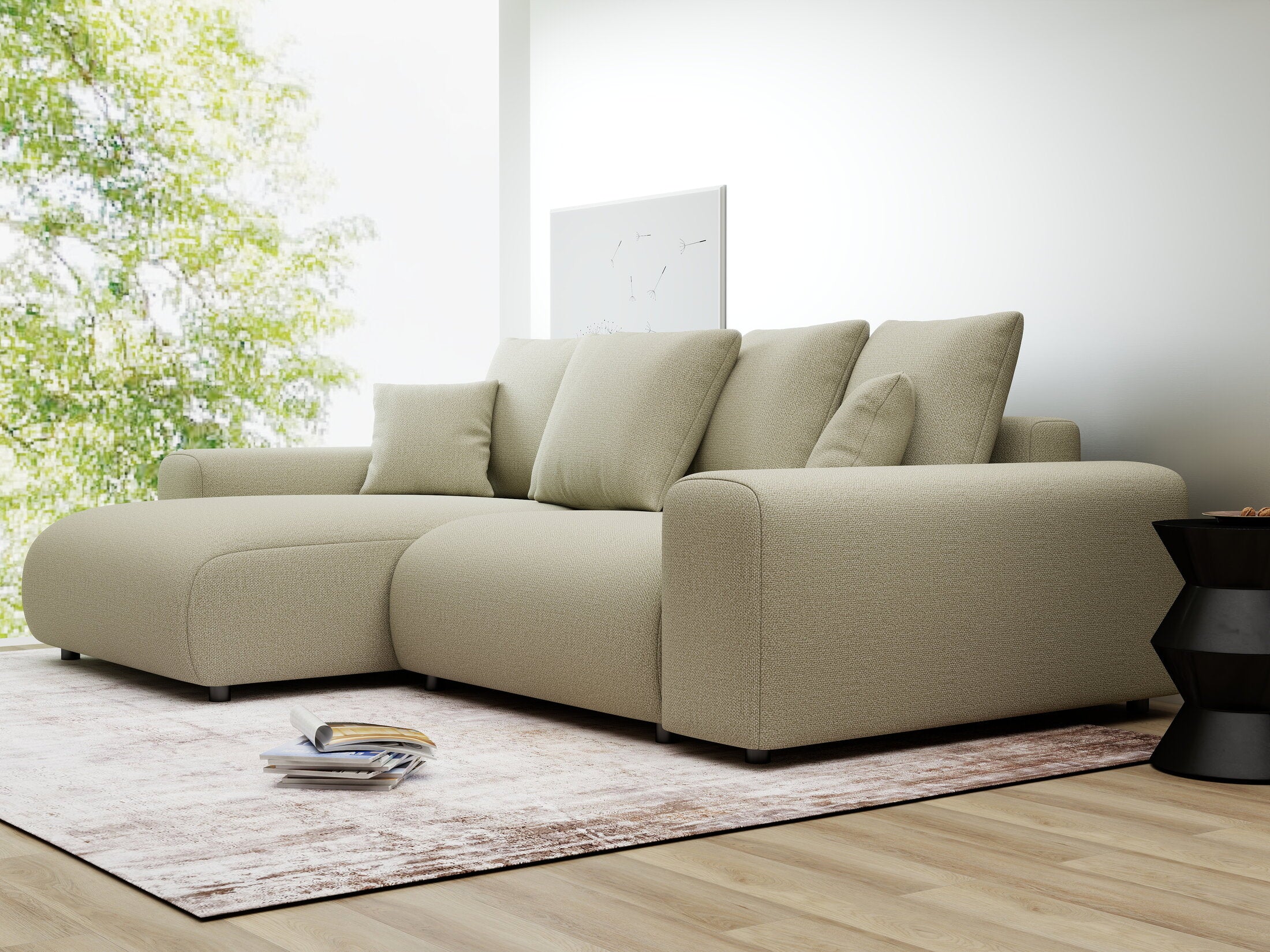 Colțar extensibil dumonde cu ladă de depozitare și șezut confortabil din spumă HR, Luma Enjoy Bej 255x168 cm