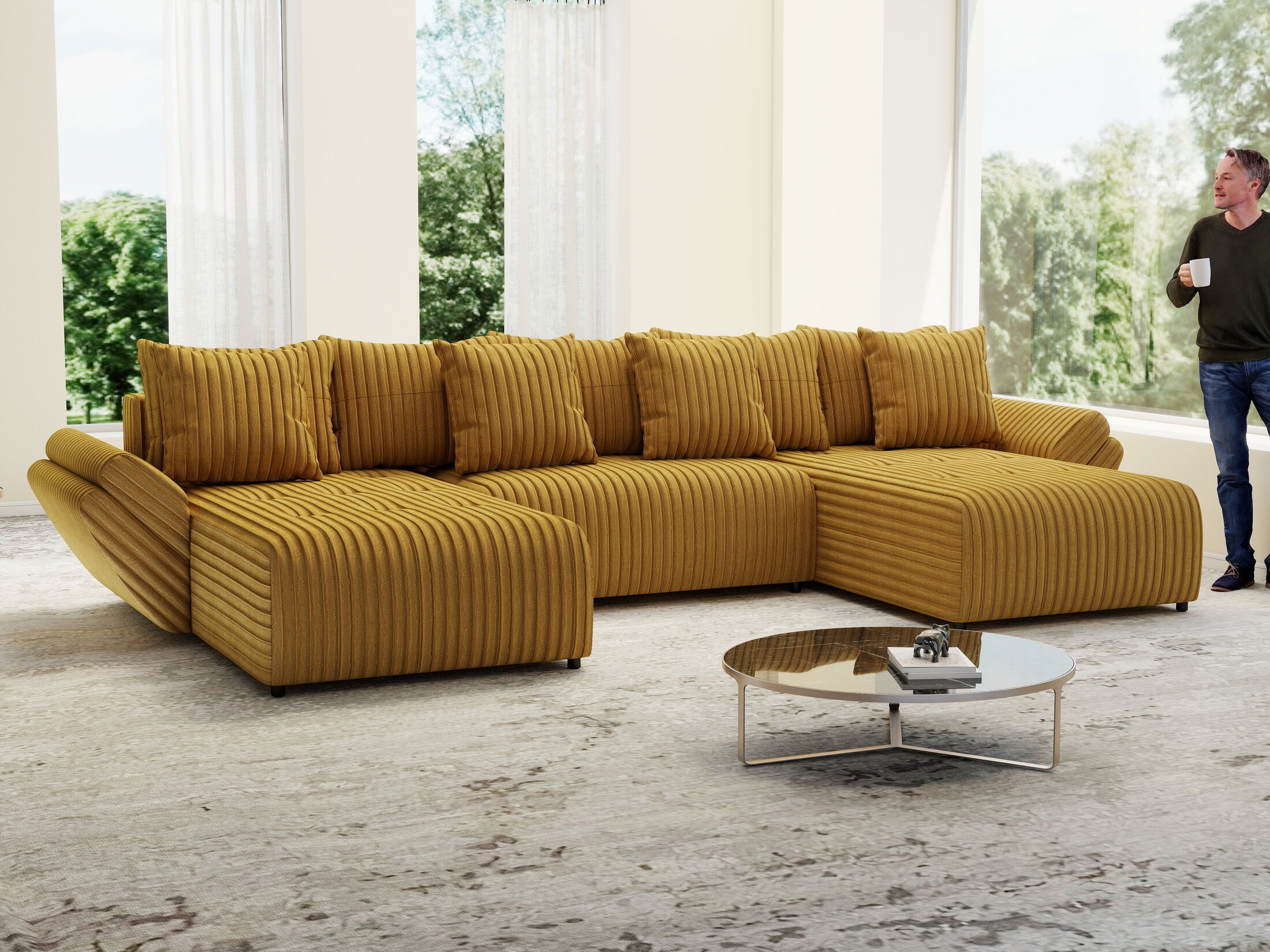 Colțar extensibil dumonde cu ladă de depozitare Berlin U Ambiance Mustar 400x185 cm