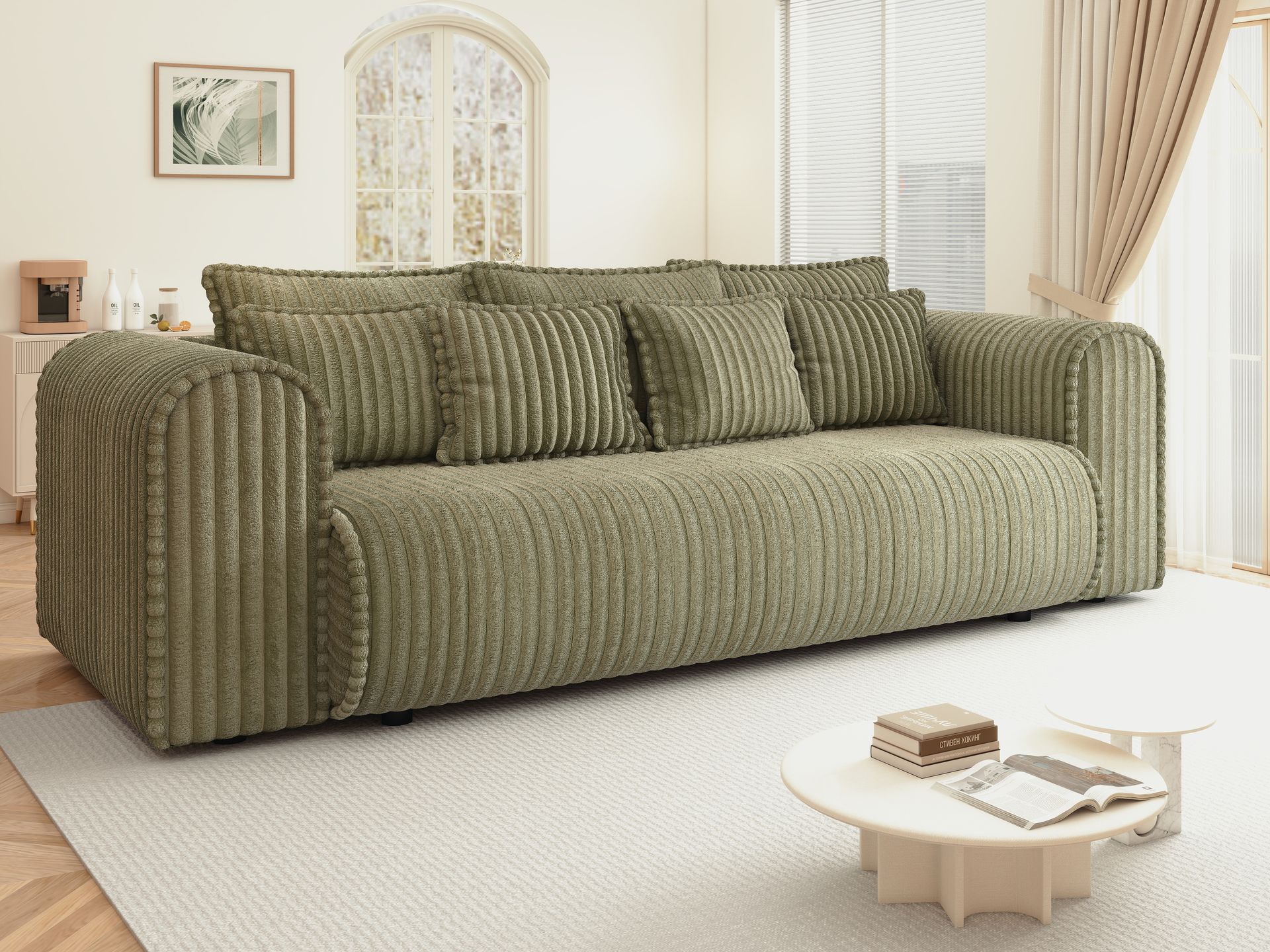 Canapea extensibilă dumonde cu ladă de depozitare si sezut confortabil din spuma high-density, Monaco Mica Tilia Olive 240x100 cm