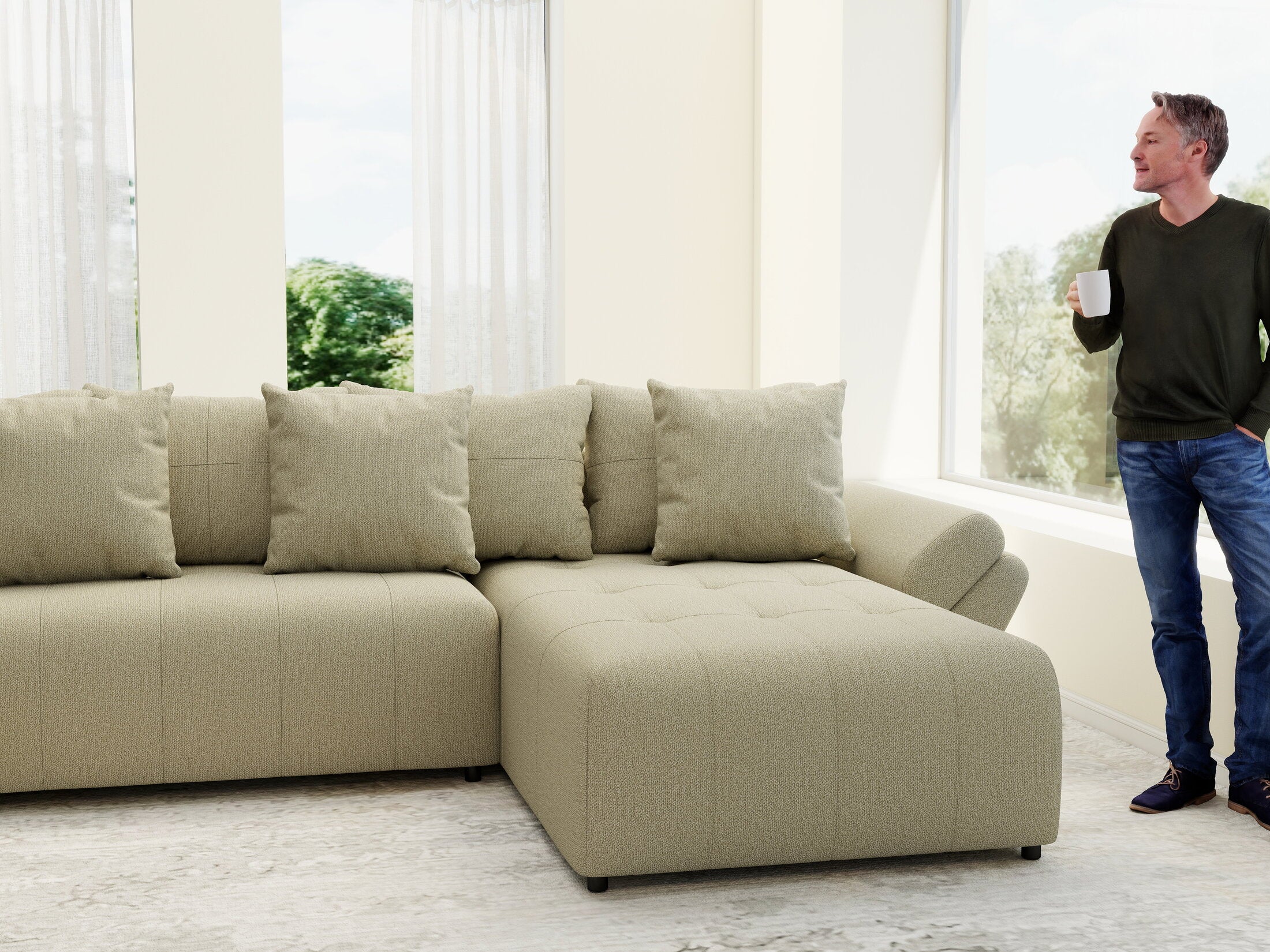 Colțar extensibil dumonde cu ladă de depozitare si sezut confortabil din spuma HR, Berlin U Enjoy Camel 380x180 cm